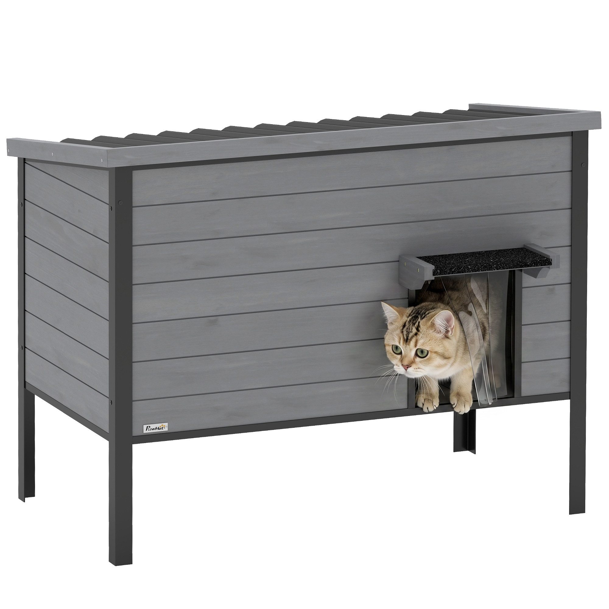PawHut Tierhöhle Katzenhaus Wetterfeste Katzenhütte aus Holz, für 1-2 Katzen bis 12 kg für drinnen draußen 85x55x70 cm Hellgrau