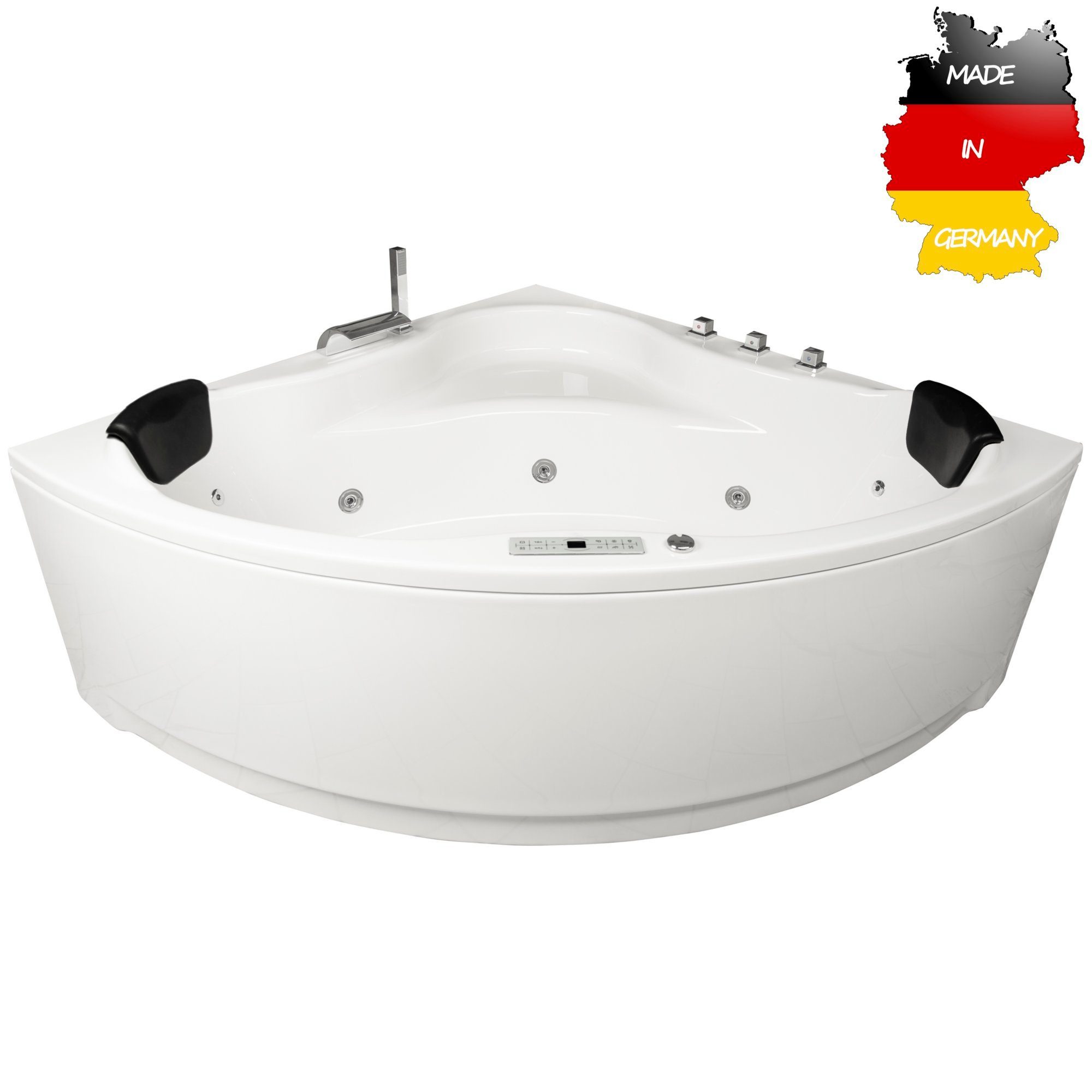 Basera® Whirlpool-Badewanne CLASSIC Indoor Eck-Whirlpool Badewanne Malai 150 x 150 cm, (Komplett-Set), mit 21 Massagedüsen, Wasserfall, LED, Touchpanel, Bluetooth und Radio