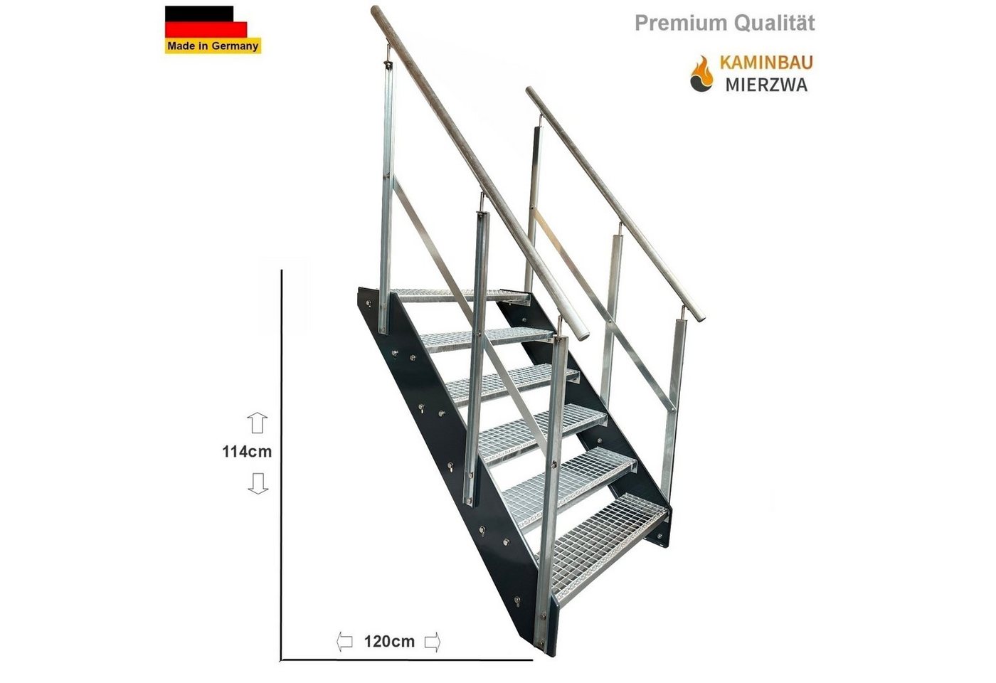 Thumbnail - Kaminbau Mierzwa Außentreppe Premium Treppe Anthrazit mit und ohne Geländer, für Geschosshöhen bis 114.00 cm, Stufen Git...
