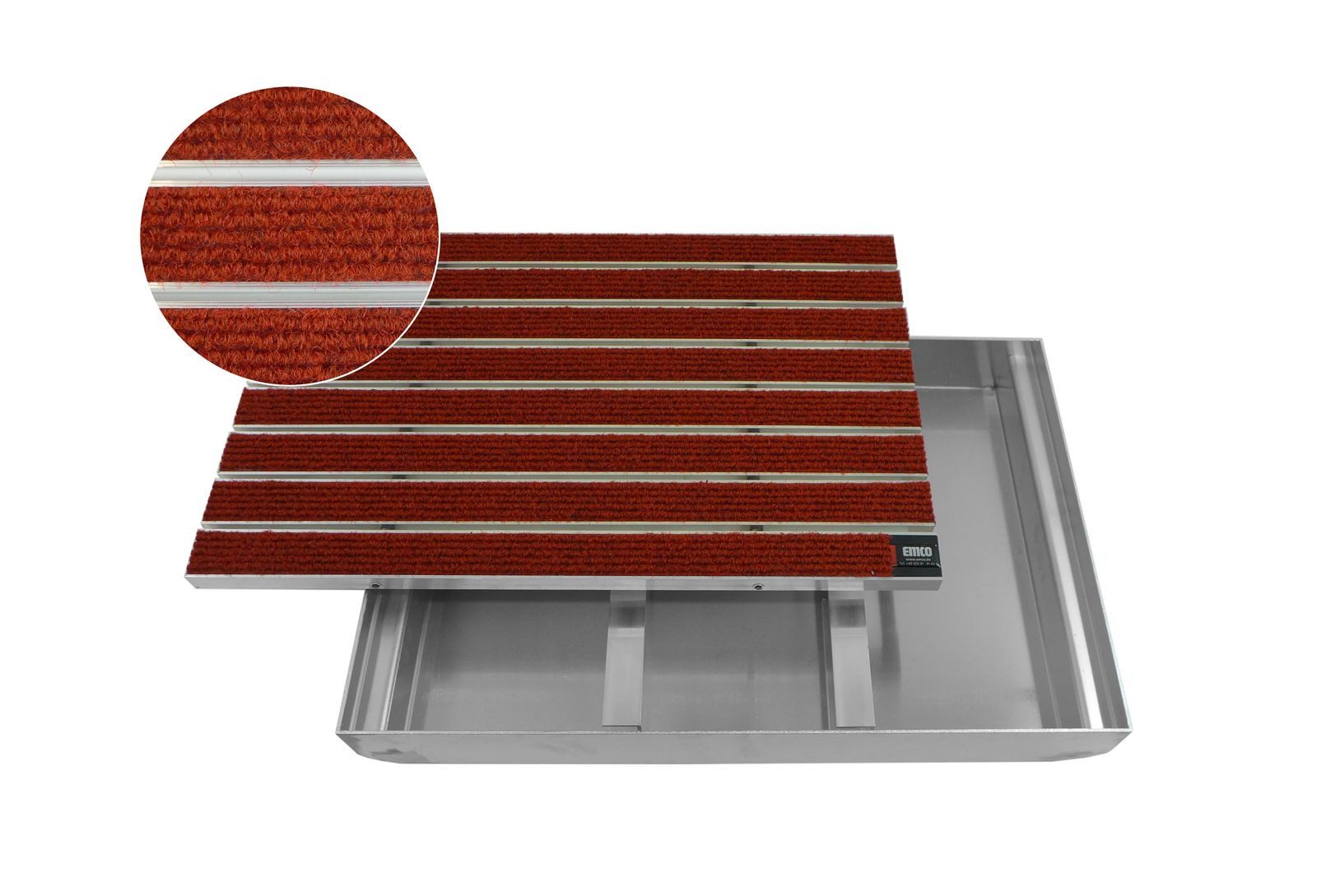 Emco Fußmatte Eingangsmatte DIPLOMAT + Bodenwanne Aluminium, Large Rips Rot, rechteckig, Höhe: 75 mm, Größe: 750x500 mm, für Innen- und überdachten Außenbereich