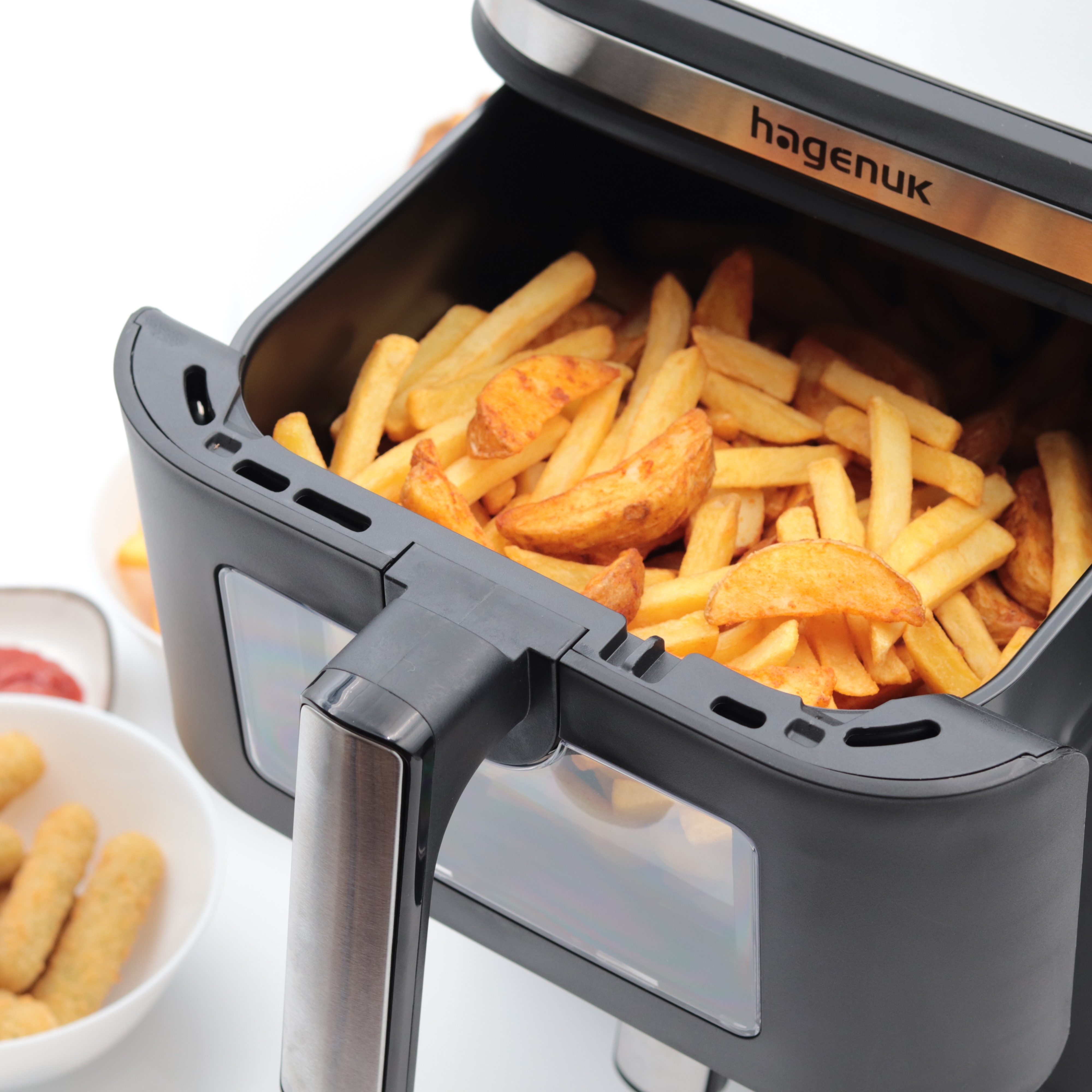 Hagenuk Heißluftfritteuse Doppelkammer, 12 Liter DUAL ZONE, Sichtfenster, mit Beleuchtung, 2800 W, Digitales Farbdisplay, 10 voreingestellte Programme, Synchro-Funktion