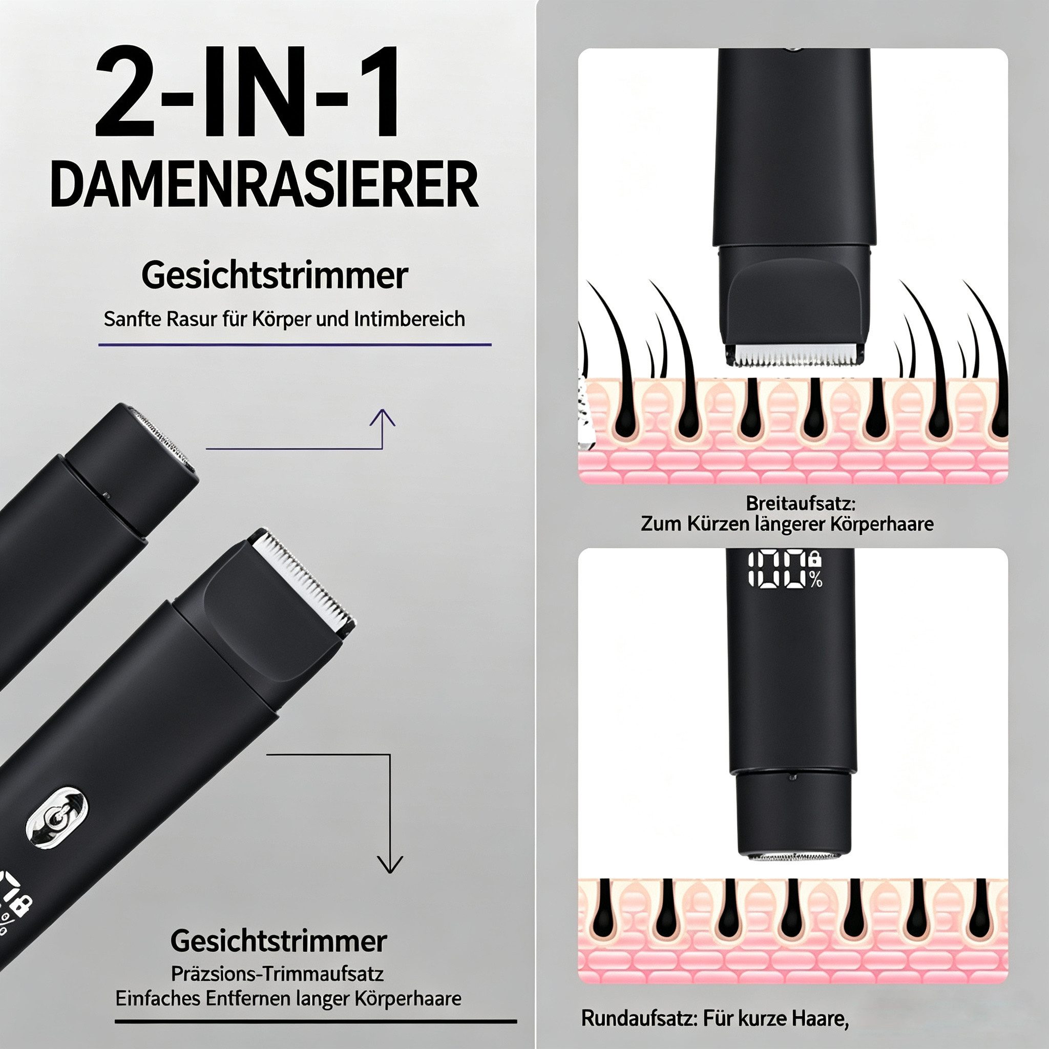 Luckice Elektrokörperrasierer Elektrischer Bikinitrimmer, 2-in-1 Damenrasierer mit 2 Scherköpfen, Aufsätze: 5, Trimmer + Folienrasierer, USB-C, LED-Akkuanzeige, – Bild 4 von 5