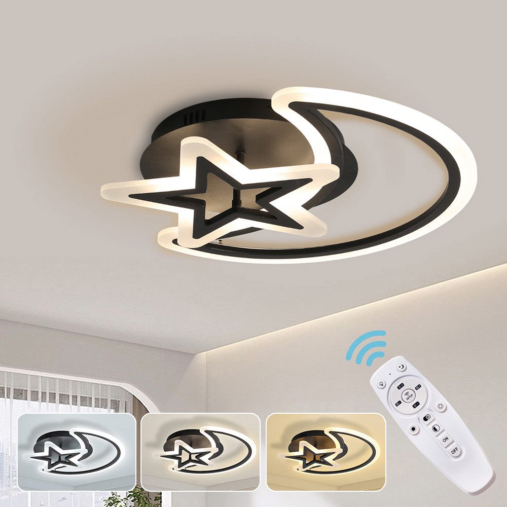 LMaxhome Deckenleuchte Mordern LED Deckenlampe Dimmbar mit fernbedienung für Schlafzimmer, Mond und Stern 62W 1680lm, LED fest integriert, 3000K-6000K, mit Speicherfunktion, Augenschutz, Schwarz, Lampe für Kinderzimmer