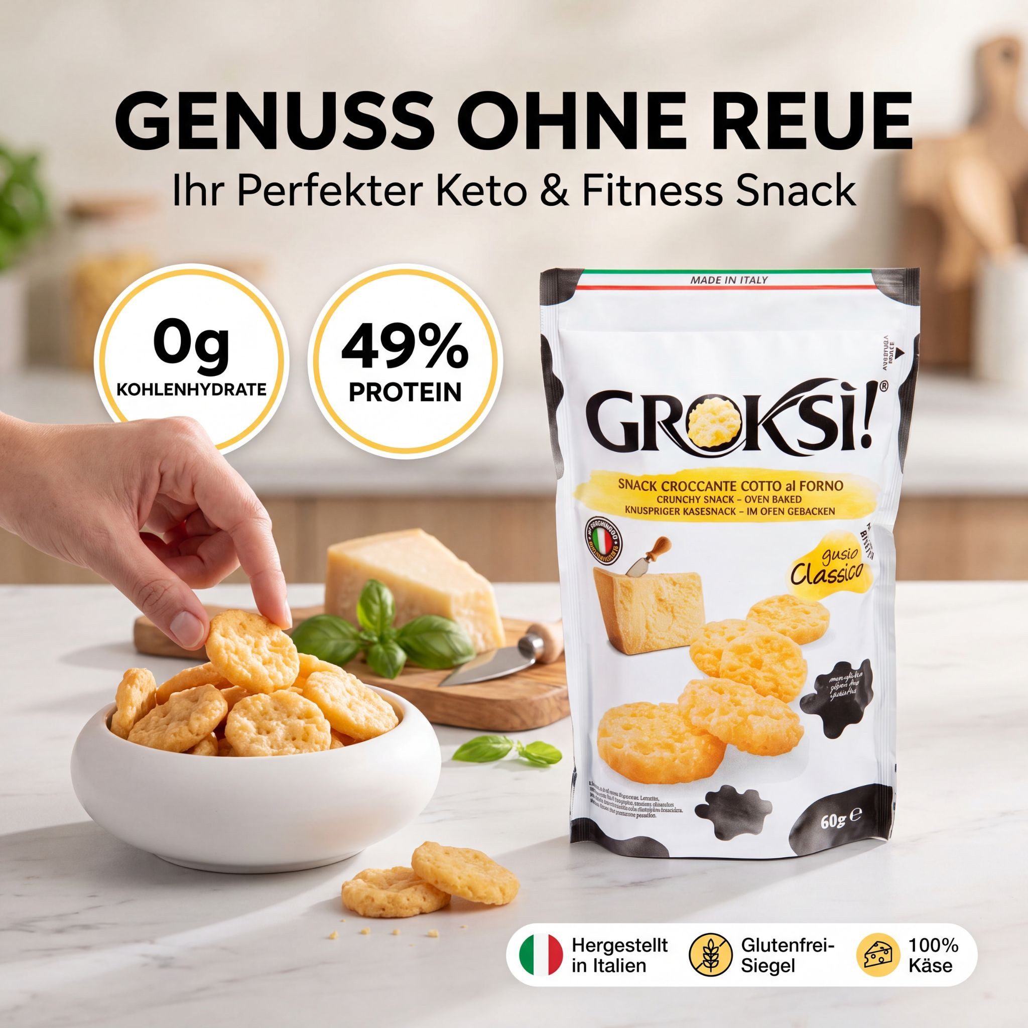Groksi! Knabberei GROKSi! Käse-Snack Classico 12x 60g, 12 x 60 g, (Classico 12x 60g, Käse-Snack aus Italien, Käse-Cracker, Protein Snack)