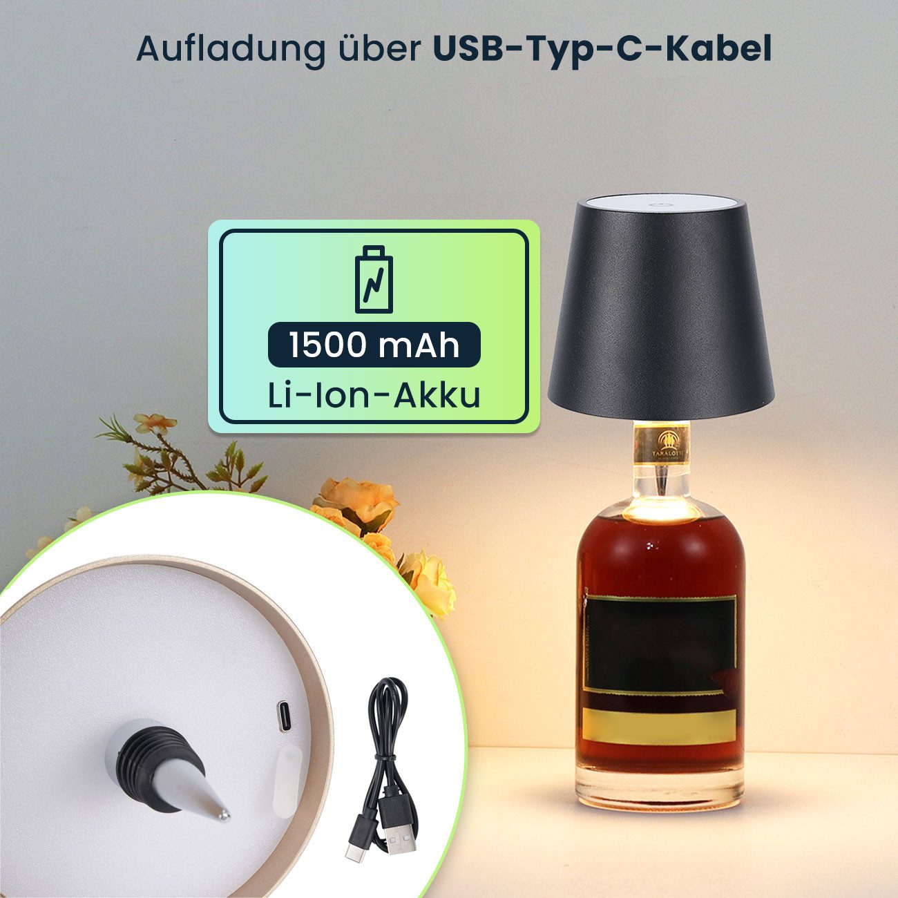 shop'n smile ideoon LED Nachttischlampe Edle Akku Flaschenlampe Schwarz: Dimmbar, 3 Lichtfarben, LEDs mit 3 auswählbaren Lichtfarben, Kaltweiss / Warmweiss / Naturweiss, Verwandelt Flaschen in stimmungsvolle Leuchten