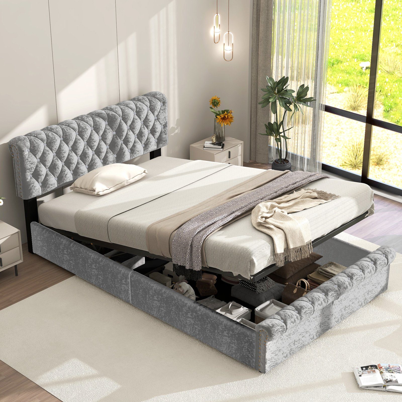 SEEZSSA Polsterbett Stauraumbett Samt Doppelbett mit höhenverstellbares  Kopfteil (Lattenroste aus Holz, Bett mit Stauraum), für Erwachsene  Jugendliche