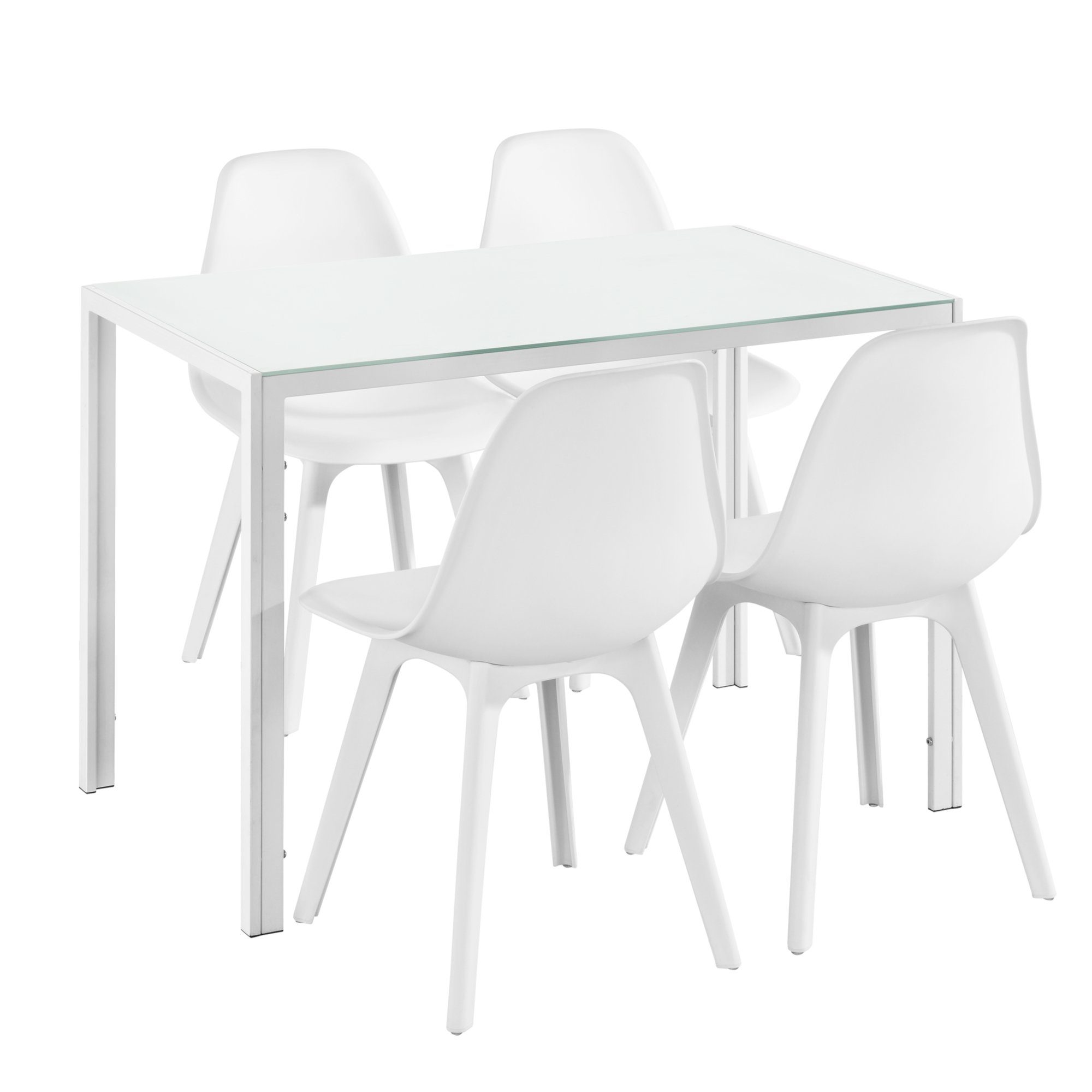 en.casa Essgruppe, (Set, 5-tlg., 4 Stühle, 1 Tisch), »Stathelle« Küchentisch mit Glasplatte Kunststoff Stühle weiß