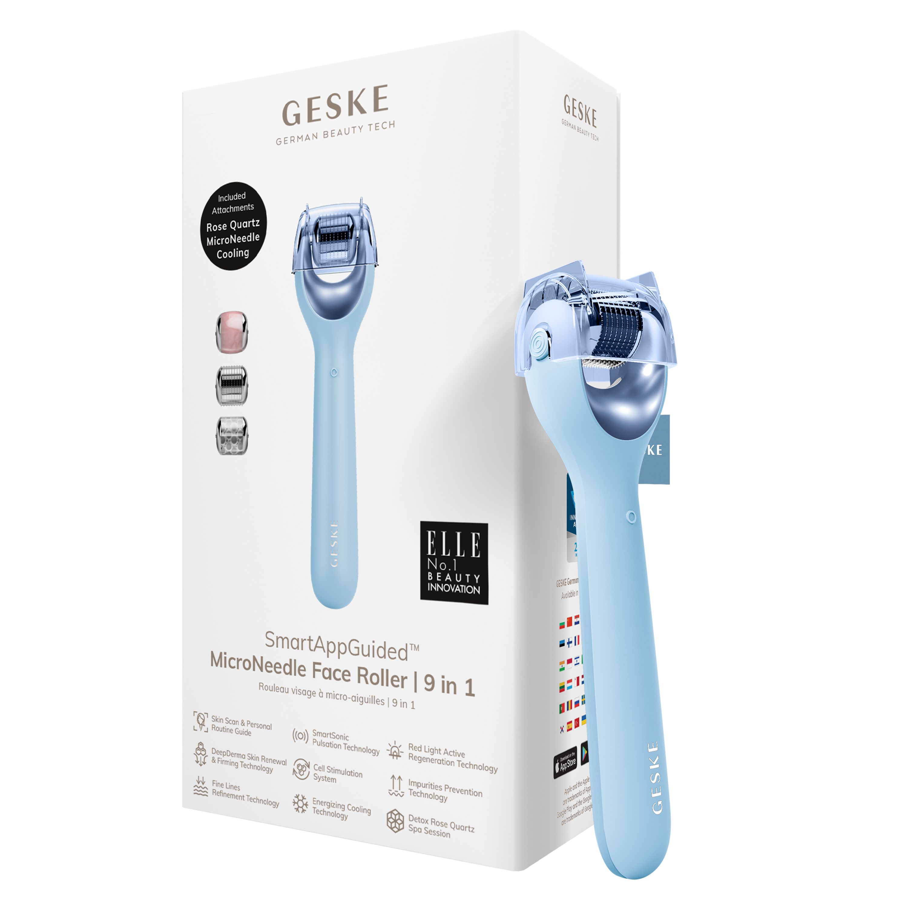 GESKE German Beauty Tech Micro-Needling SmartAppGuided™ MicroNeedle Face Roller 9 in 1, Packung (Gerät & USB-Ladekabel), 2-tlg., Gerät inkl. kostenloser APP (SmartAppGuided Device), Mit der GESKE App erhältst Du deine personalisierte Hautpflegeroutine. Aquamarine | Dermaroller