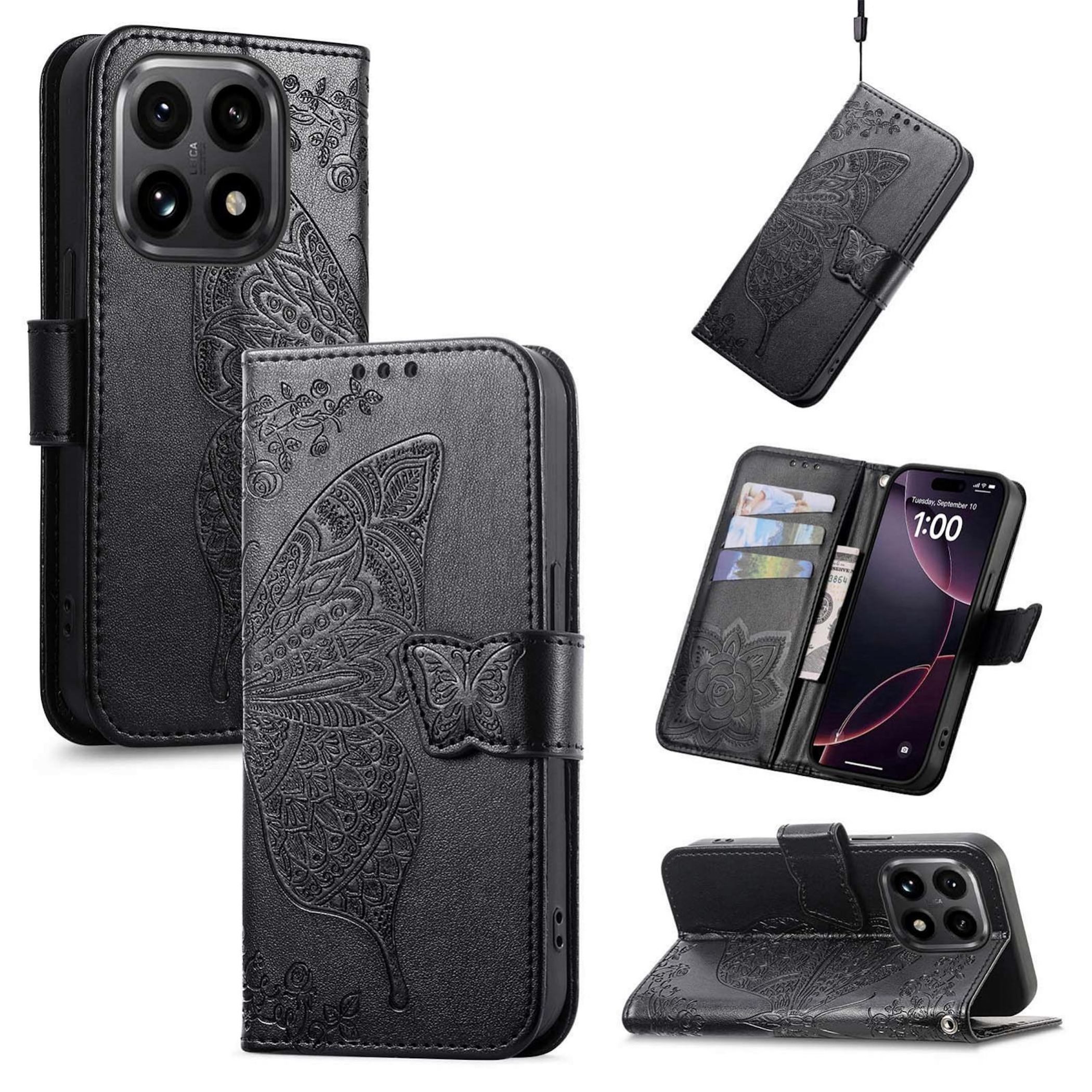 Wigento Smartphone-Hülle Für Xiaomi 15T Kunstleder Schmetterling Book Wallet Hülle Schwarz, Kunst-Leder Schutzhülle Smart Case Cover magnetischer Verschluss