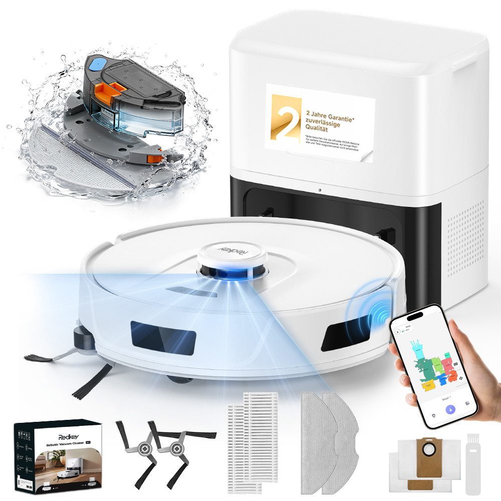 Redkey Saugroboter 20000 Pa 2026 Saugroboter mit Wischfunktion und Absaugstation AI App, 36 W, mit Beutel, mit Staubabsaug-undSelbstreinigungsfunktion, Appsteuerung