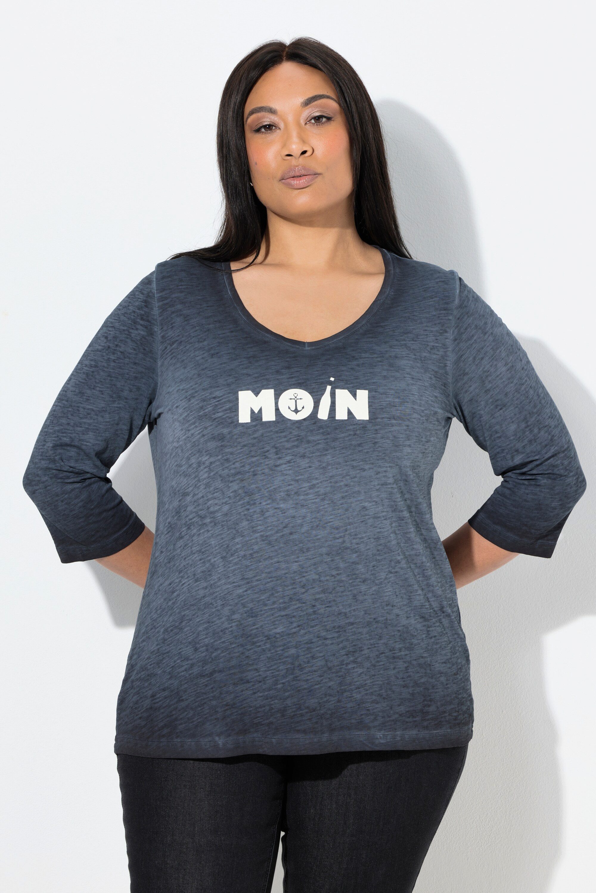 Ulla Popken T-Shirt Shirt Moin V-Ausschnitt 3/4-Arm