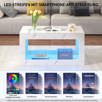 Powerwill Couchtisch Hochglänzender Couchtisch, LED-Lichteffekte per mobiler App steuerbar (offener Stauraum)