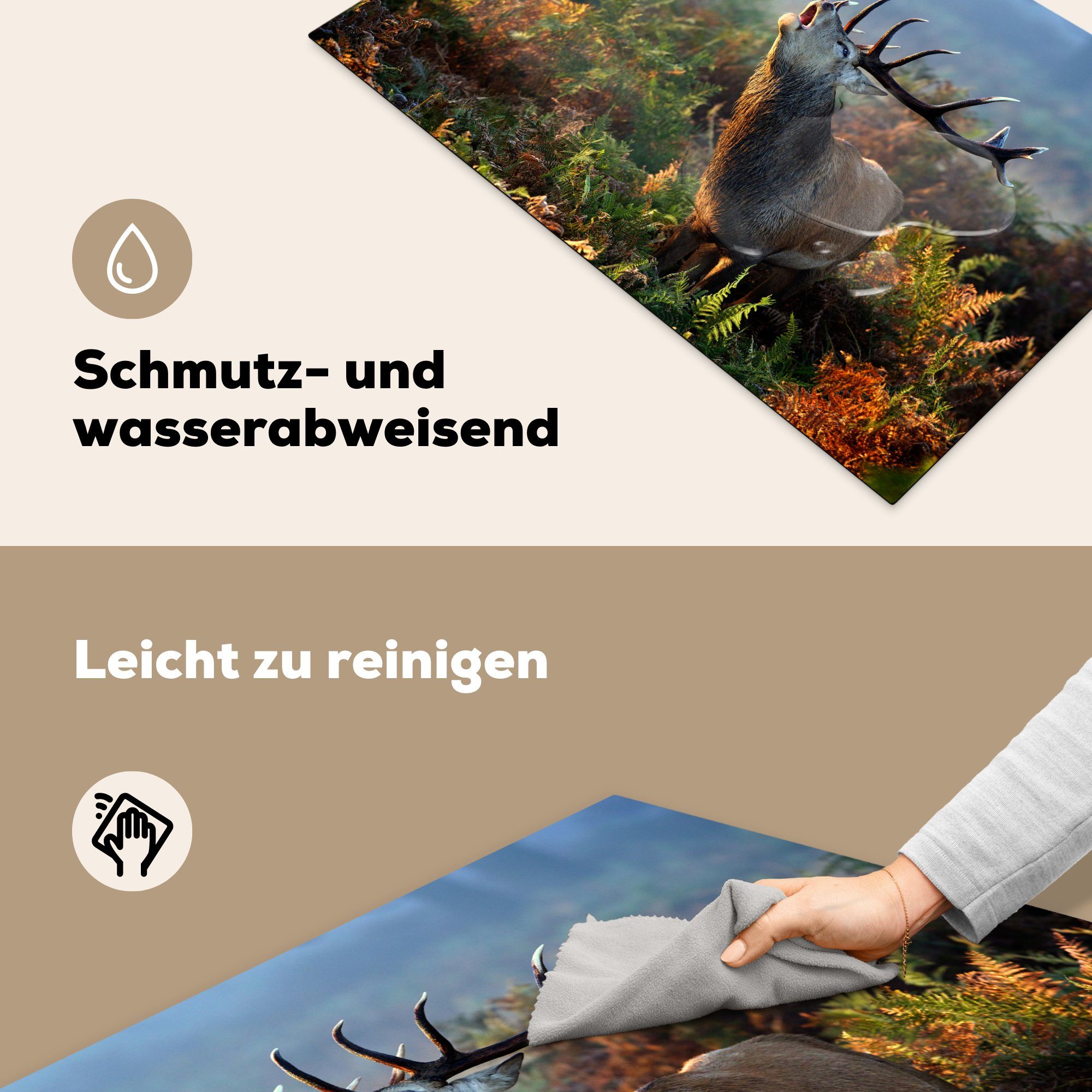 Nebel, cm, tlg), (1 Schutz MuchoWow Vinyl, 81x52 Ceranfeldabdeckung Induktionskochfeld - für die Herdblende-/Abdeckplatte - Wald Hirsche küche,