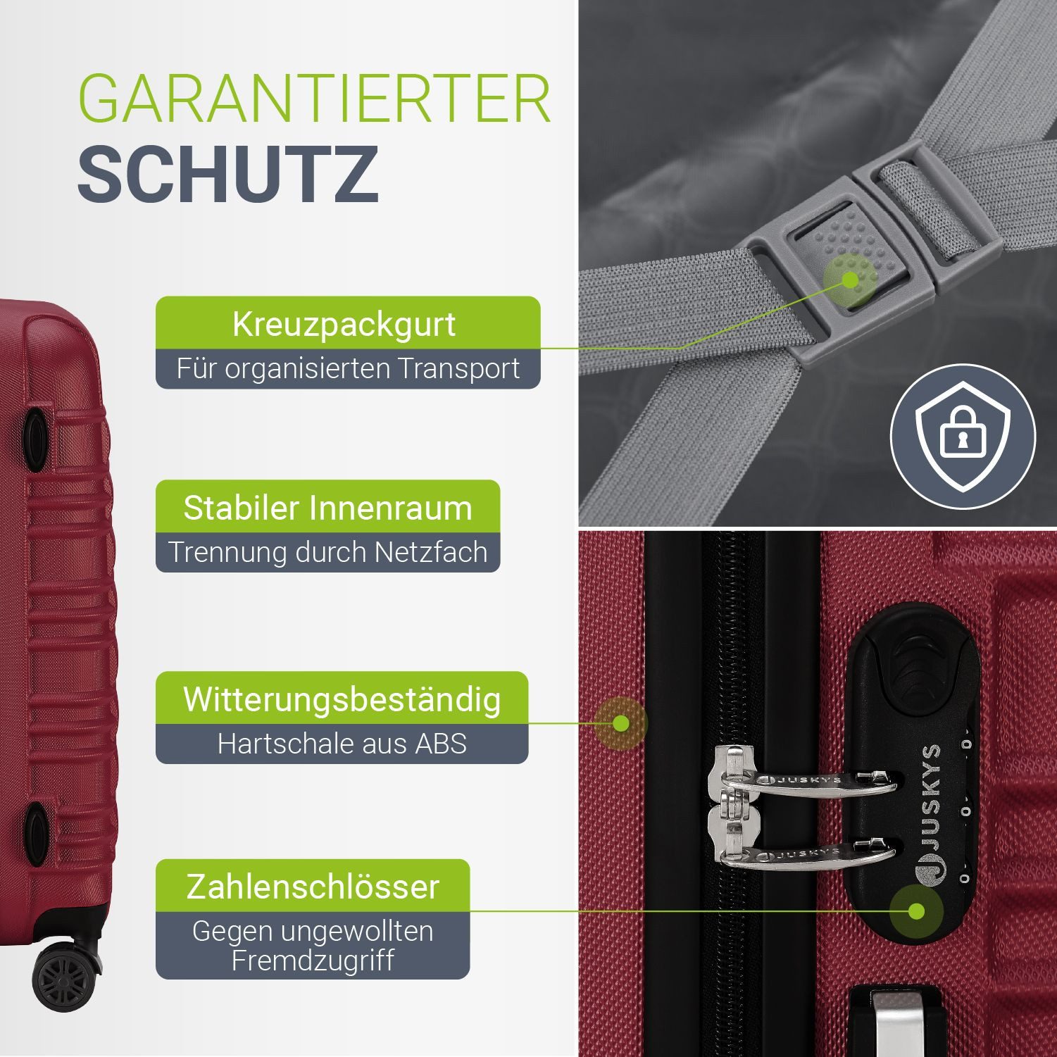 Juskys Trolleyset Rom, 4 Rollen, (4 tlg., 4-teilig), 4 Koffer, 360° Rollen, robuste Hartschale, mit Zahlenschloss
