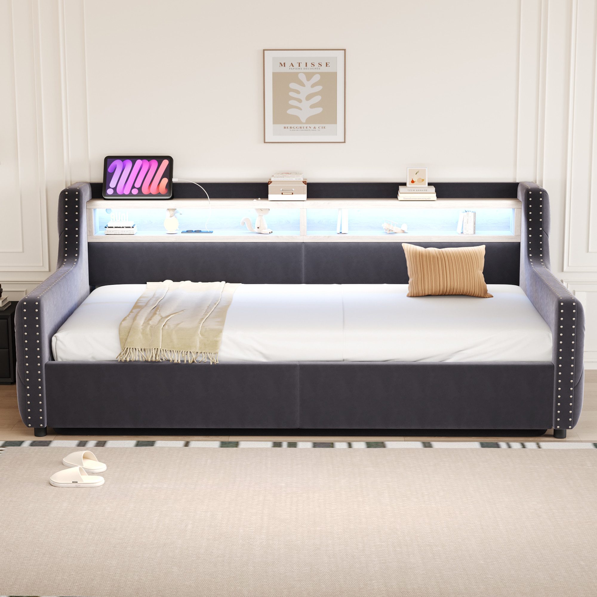 Merax Daybett 90x200cm mit LED-Lichtleiste, Steckdose & USB-Anschluss (Schlafsofa Sofabett Jugendbett Kinderbett Polsterbett, 1 tlg), Tagesbett mit hydraulische – Bild 3 von 5