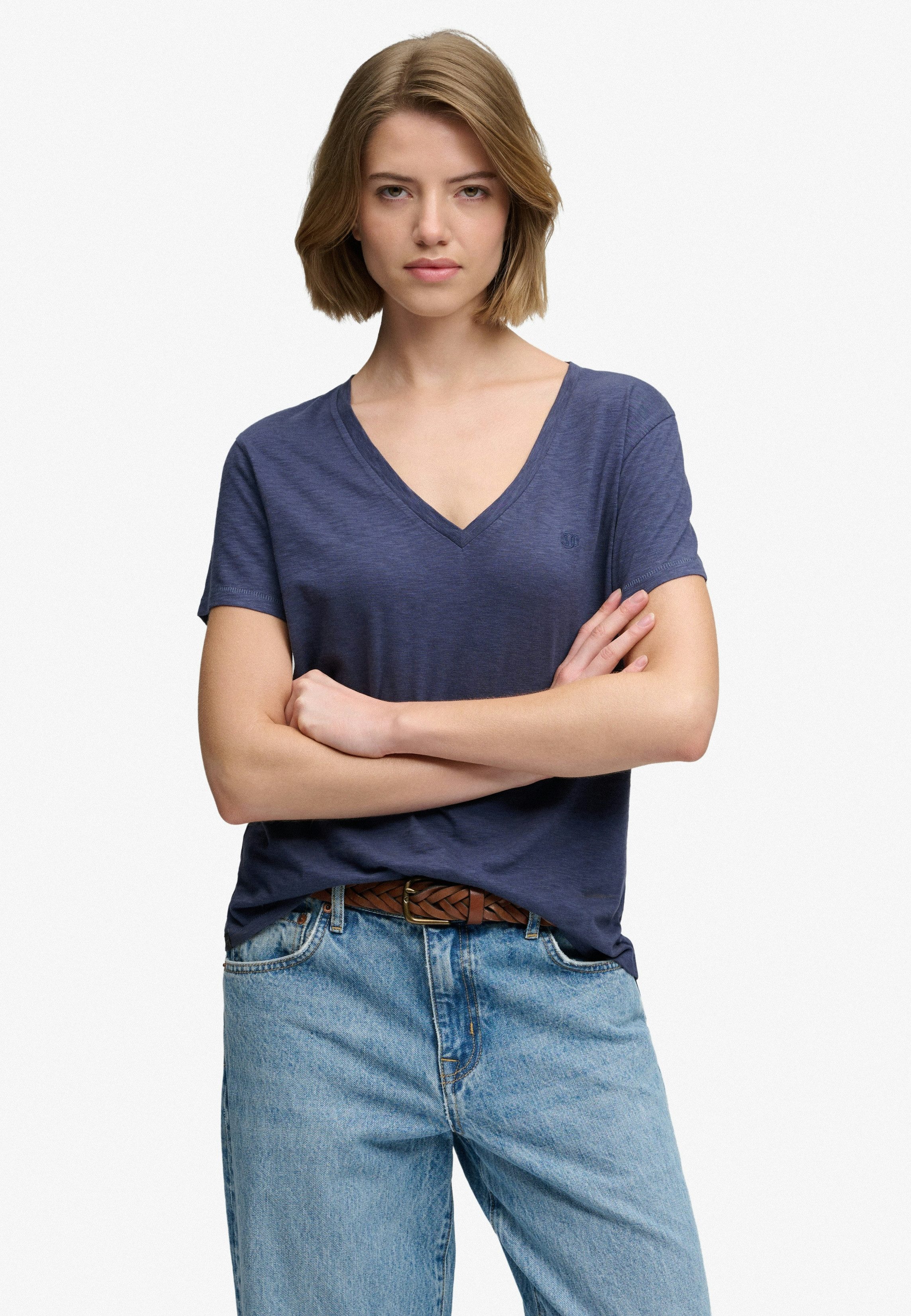 Superdry Damen Studios Slub T-shirt mit Stickerei Dark Blue - Größe: 40