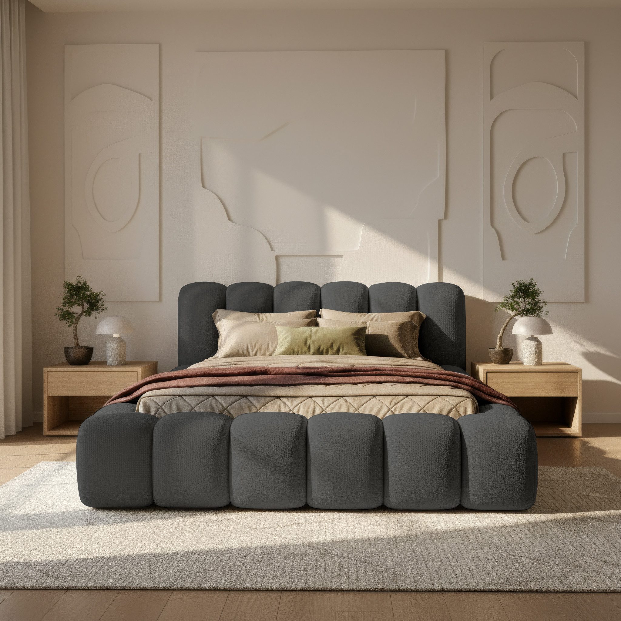 thematys Polsterbett mit Bettkasten 140x200 160x200 180x200 200x200cm (Kopfteil im Oversize-Look und Stauraum – weich, modern und pflegeleicht), hochwertiger Bouclé-Stoff in Kreme und Latte, Inklusive Lattenrost: Holzrahmen,hochwertiger Stoff), hochwertiger Bouclé-Stoff in Kreme und Latte