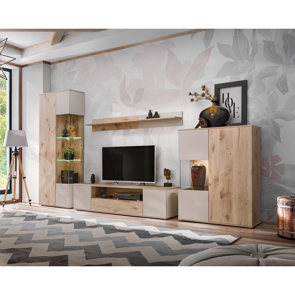 Lomadox Wohnzimmer-Set CARRICA-164, (Mega-Spar-Set, 4-St., Standvitrine Lowboard Wandboard Highboard), in Eiche mit Kaschmir, Rillenfront, LED-Beleuchtung