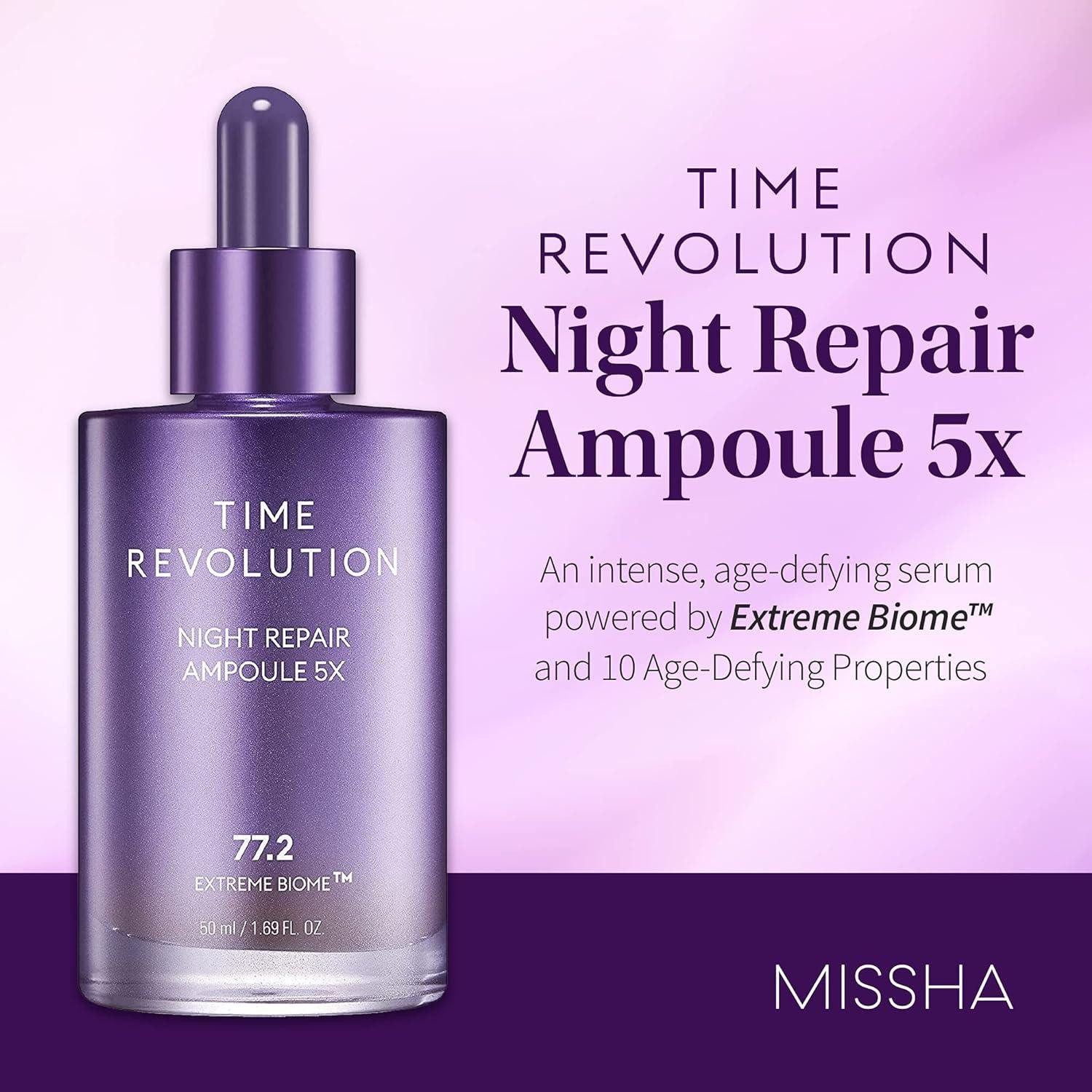 Missha Gesichtspflege Time Revolution Night Repair Probio Ampoule 5X – Anti-Aging Serum mit 10 Probiotika, Bifida Ferment Lysate, vegan, feuchtigkeitsspendend, regenerierend, für reife & empfindliche Haut, 5x Ampulle