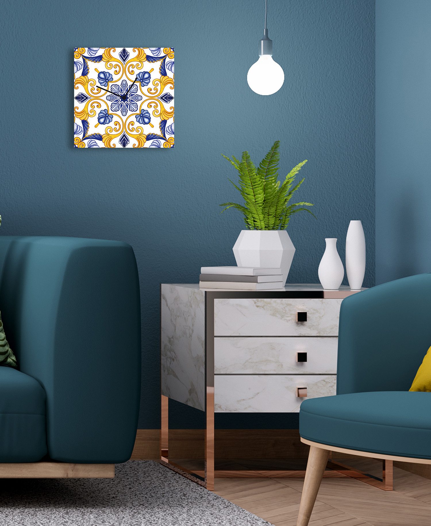 Home affaire Wanduhr Fliesenoptik (Uhr, geräuschlos, Mosaik, Kachel, blau, gelb)