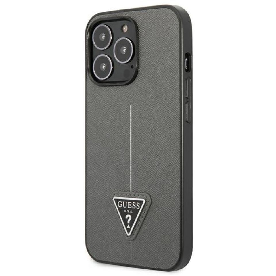Guess Handyhülle Case iPhone 14 Pro silber schwarz Logo Metall Triangle 6,1 Zoll, Kantenschutz