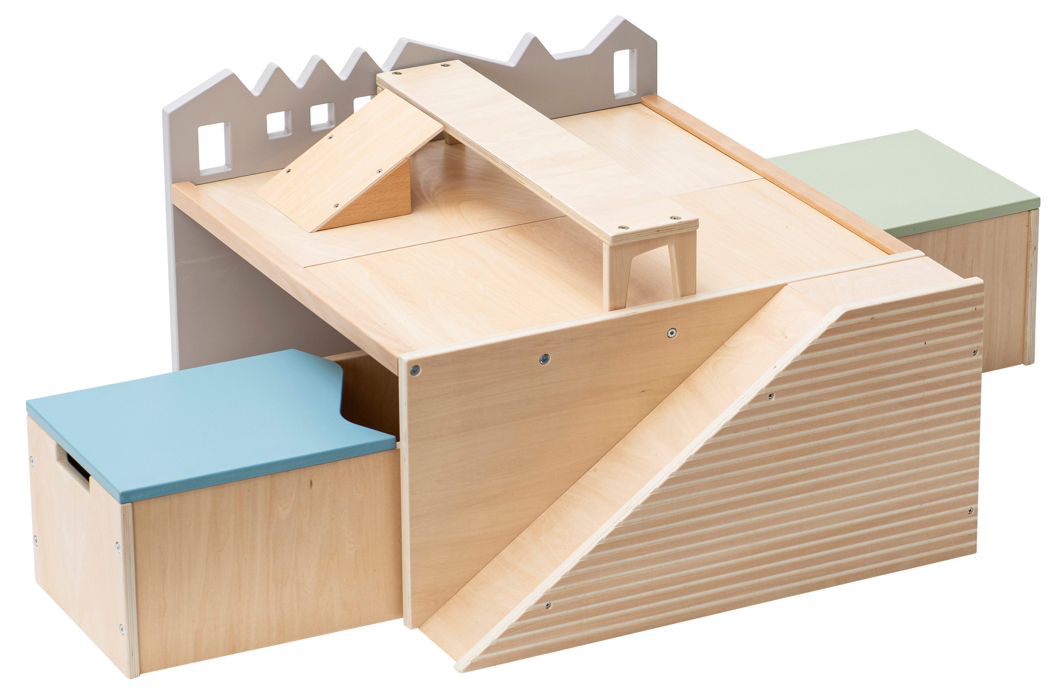 Betzold Lernspielzeug Bodenspieltisch mit Sitzbänken, Stauraum und Rampe aus Holz