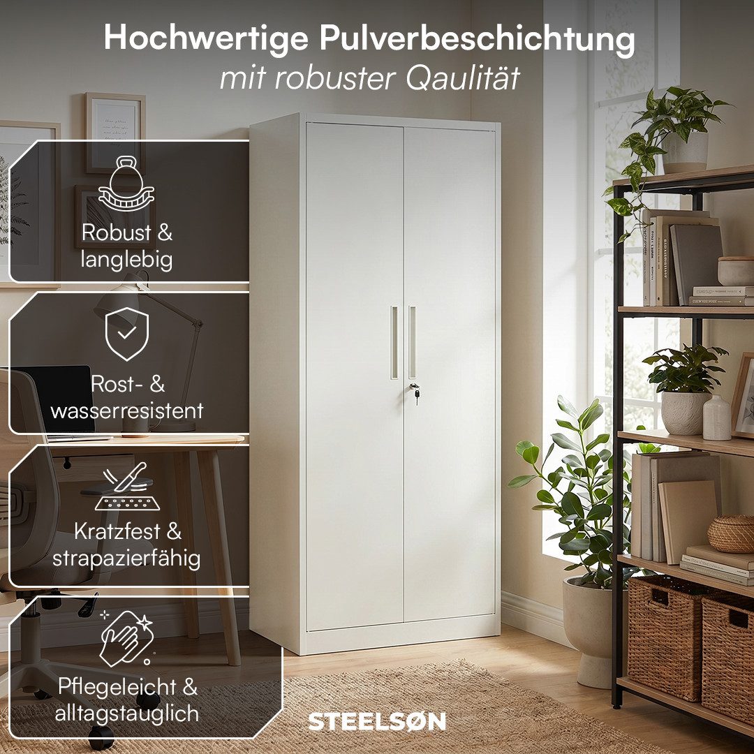 STEELSØN Aktenschrank Regulus aus Stahl, abschließbar (Weiß) Spindschrank mit 4 höhenverstellbaren Einlegeböden, inkl. Schloss