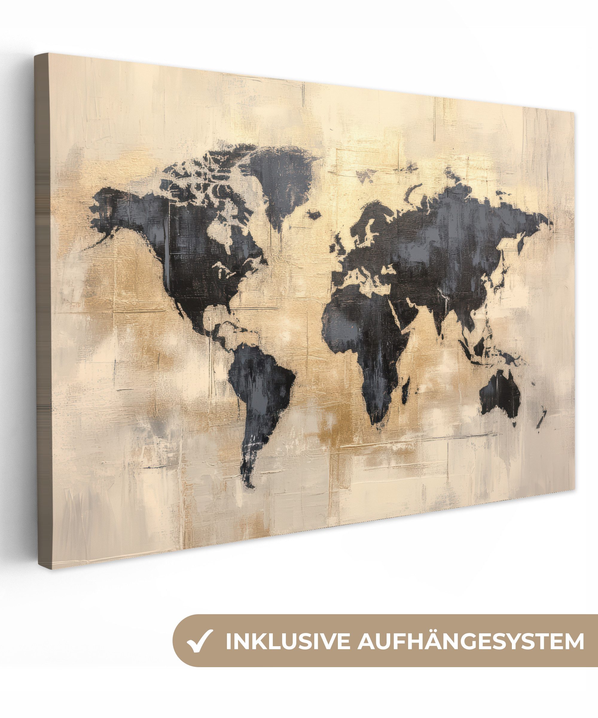 OneMillionCanvasses® Leinwandbild Weltkarte - Gold - Schwarz - Abstrakt, Fotodruck (1 St), Leinwand Bilder Klein, Wand Dekoration Aesthetic 30x20 cm