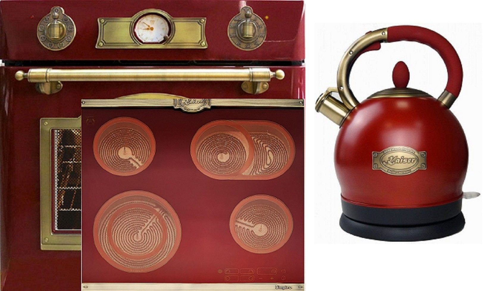 Kaiser Küchengeräte Backofen-Set Herd Set Autark Elektro Backofen, Selbstreinigung, Drehspieß, 8 Funktionen mit Glaskeramik Kochfeld 60cm Einbau Herd 4 QuickHeat-Kochzonen Hi-Light mit Exklusiver Retro Wasserkocher Kontroll LED 2L 1800 W EH 6355 RotEm+KCT 6185 RotEm+WK 2000 RotEm, mit 1-fach-Teleskopauszug, Katalytische Selbstreinigung