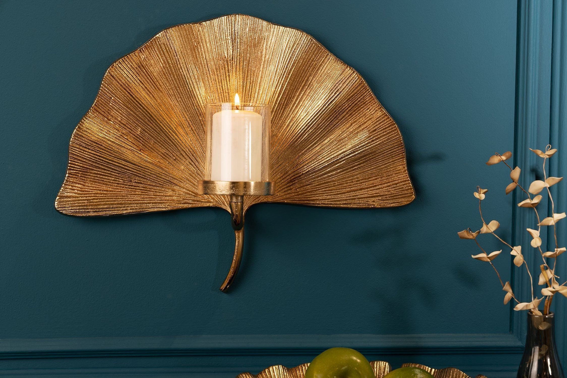 Licht-Erlebnisse Wandhalter CELIA, Wand Gold B: 43 cm Metall Glas Handarbeit Ginko Blatt Asiatisch