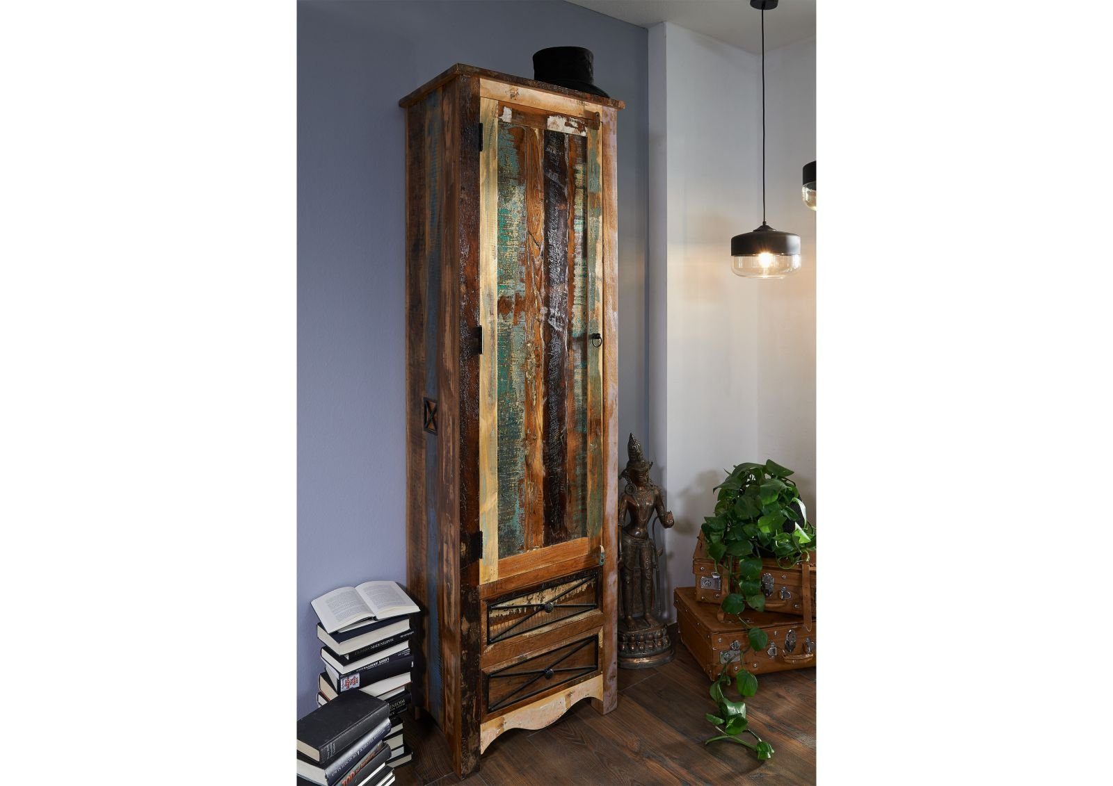 Massivmoebel24 Garderobenschrank NATURE OF SPIRIT (Altholz 60x40x200 mehrfarbig lackiert NATURE OF SPIRIT #109) Altholz 60x40x200 mehrfarbig lackiert NATURE OF SPIRIT #109