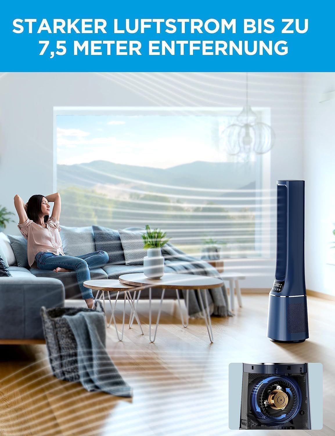 Midea Tower Fan »MFP-120i BL« 2-in-1 Tower Fan & Air Purifier H13 True HEPA, App Control, with Remote Control, Sound Level 38 - 61dB(A)