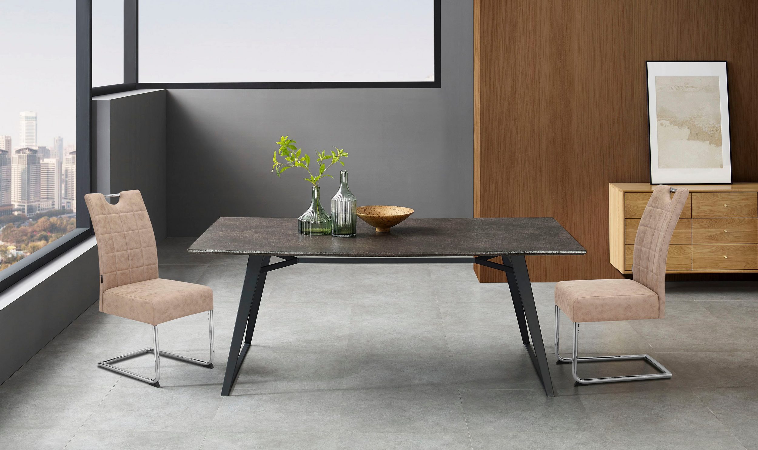 loft24 Esszimmerstuhl Chen (Set, 2 St), Polsterstuhl, Stuhl, Freischwinger, Lederoptik, Chromgestell