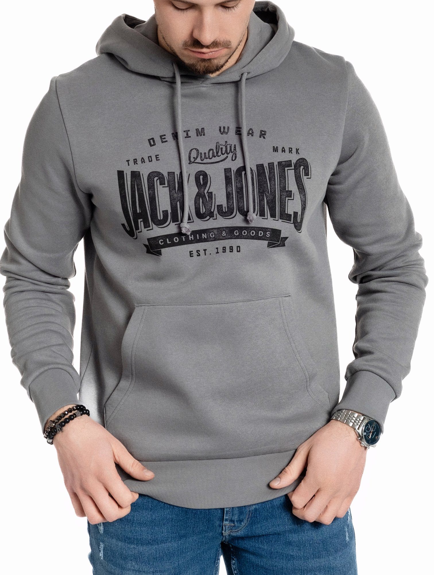 Jack & Jones T-Shirt mit Kängurutasche, Kapuze, mit Logodruck, in Unifarbe