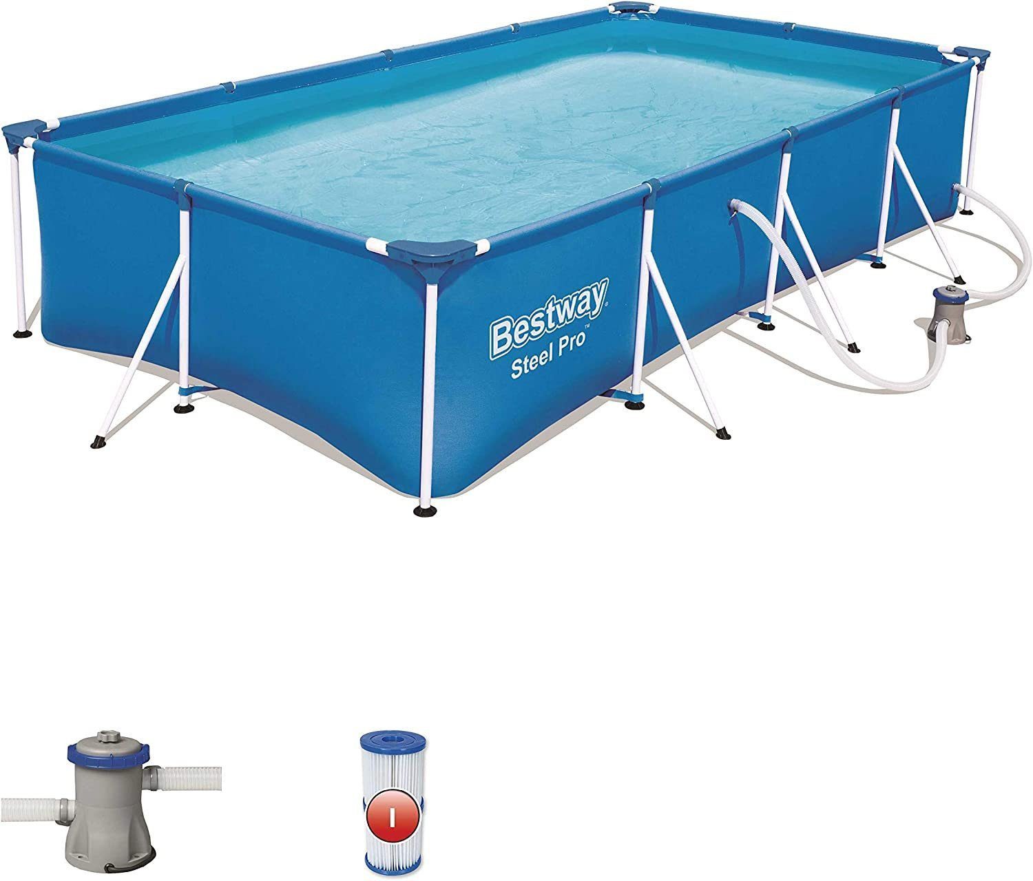 Bestway Framepool Pool Komplettset, Rechteckig, Aufstellpool 300x201x66cm, Planschbecken (Gartenpool mit Pumpe Set, Gross, Aufstellbecken, Familienpool, Kinderpool), Schwimmbecken für Garten, Stahlrahmen, mit Filterpumpe + Filter