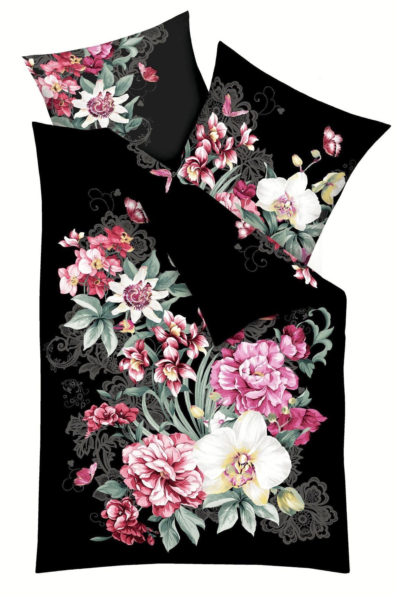 Kaeppel Bettwäsche Kaeppel Linon / Renforcé Bettwäsche 135x200cm 2 tlg. Euphoria Pink, Renforcé, 2 teilig, Schwarze Bettwäsche mit buntem großen Blumenmotiv – Bild 4 von 5