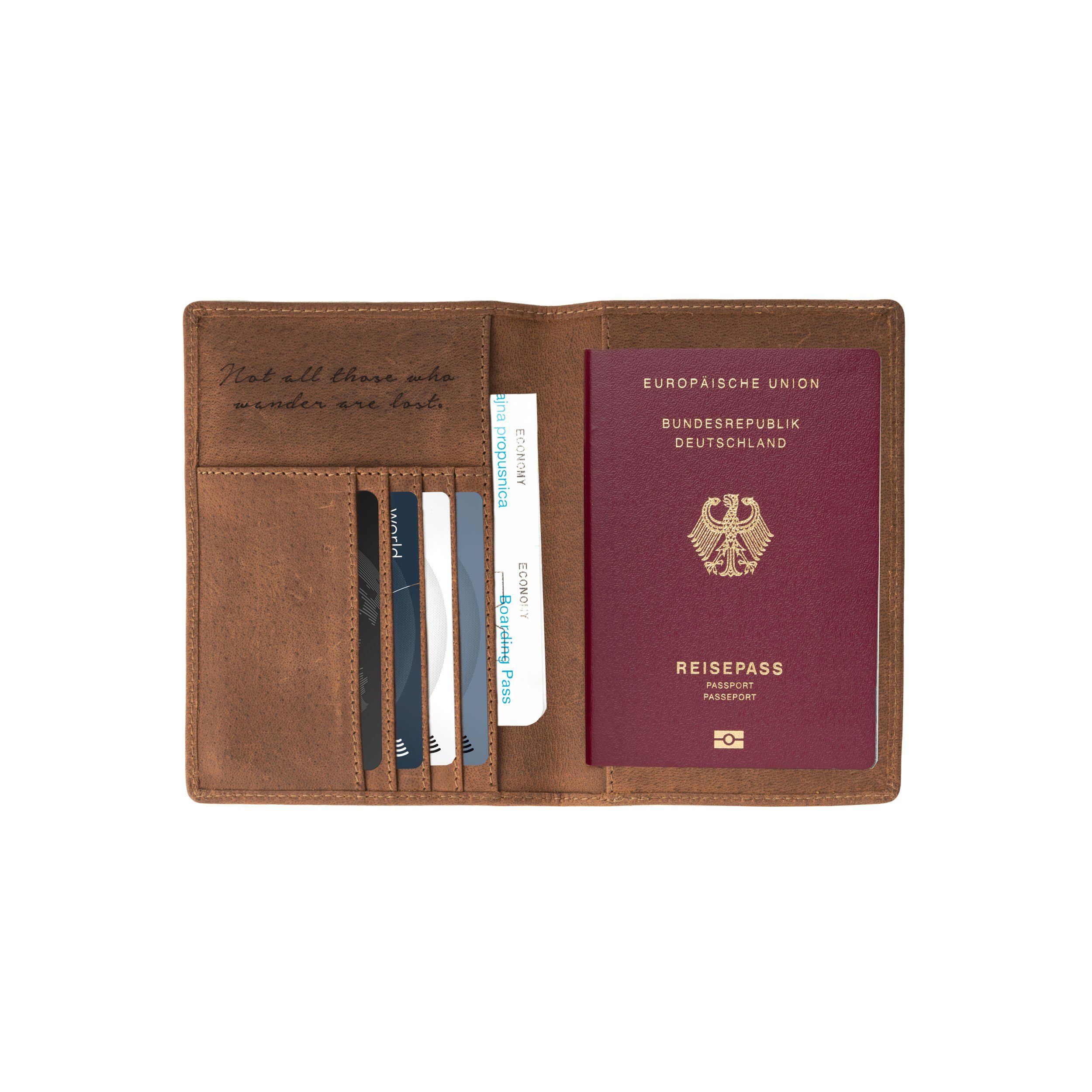 DRAKENSBERG Brieftasche Reisepasshülle »Pete« Havanna-Braun, Lederhülle für Reisepass mit Kartenfächern, Reisezitat, RFID-Schutz | Brieftaschen