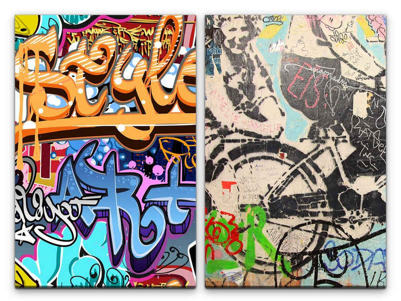 Sinus Art Leinwandbild 2 Bilder je 60x90cm Streetart Graffiti Tags Wall Jugendzimmer Bunt Grungy