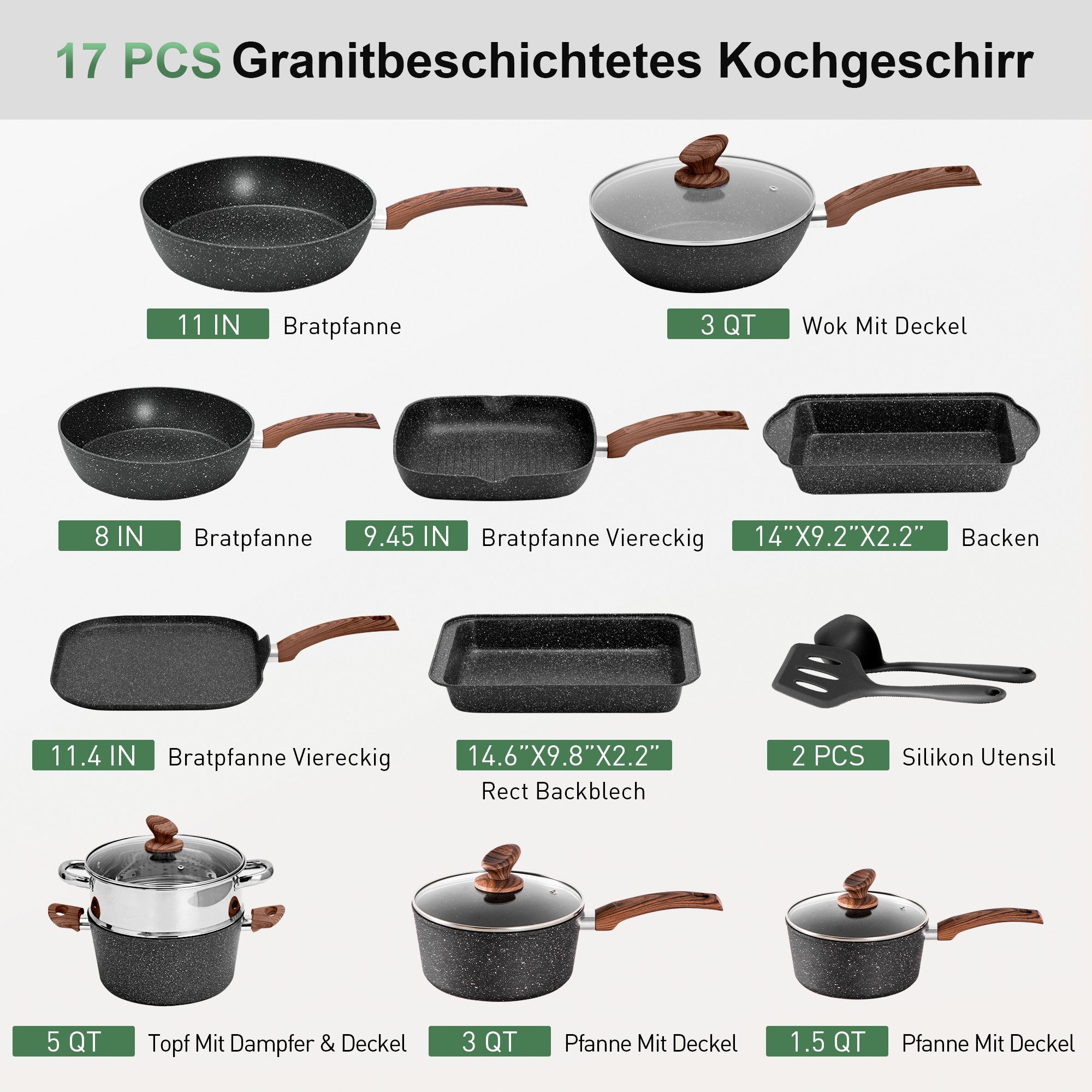 Kitchen Academy Topf-Set, Aluminium, Granit (17-tlg, Pfanne 20cm/28cm, Bratpfanne 24cm, Quadratische Bratpfanne 24cm/29cm, Kasserolle 1,5qt/3qt/5qt, 5qt Dampfgarer, 2 Backform, 2 Silikonspatel), Induktions Töpfe Set 17-teilig Kochtopf Set mit Glasdeckeln
