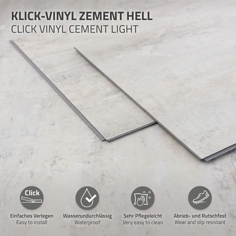 ML-DESIGN Vinylboden PVC Vinyl Bodenbelag Klick-Vinyl Betonoptik Vinylbodenbelag wasserfest, Klickvinyl mit Trittschalldämmung 9,3m²/50 Dielen Grau Zement Hell