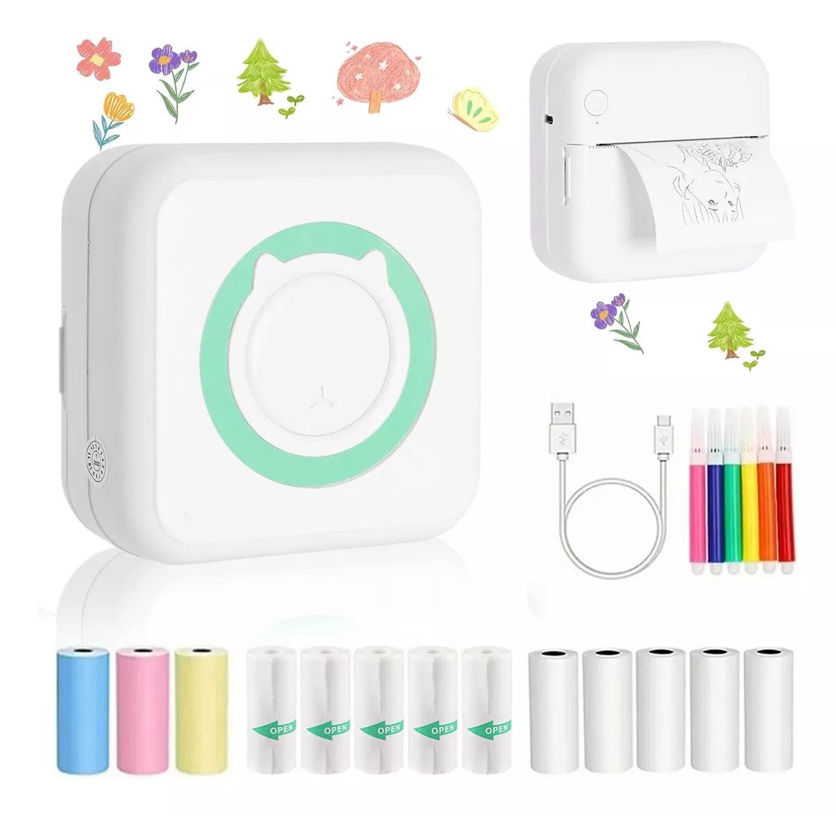 MOPUEA Mini-Thermodrucker Bluetooth tragbar für Listen Etiketten Notizen Etikettendrucker, (WLAN (Wi-Fi), Bluetooth, 5 Druckpapier 5 selbstklebende Thermopapier 3 Farbdruckpapier 6 Pinsel)