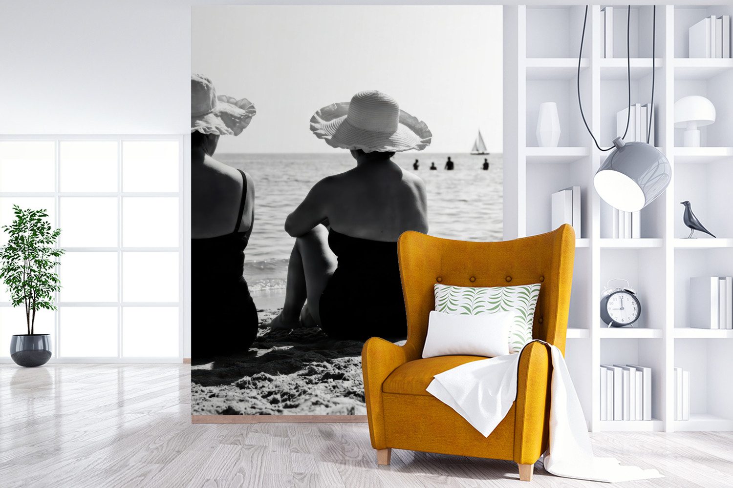 MuchoWow Fototapete Frauen - Sonnenhut - Strand - Schwarz - Weiß, Matt, bedruckt, Wallpaper für Wohnzimmer, Schlafzimmer, Vinyl Tapete, 165x220 cm