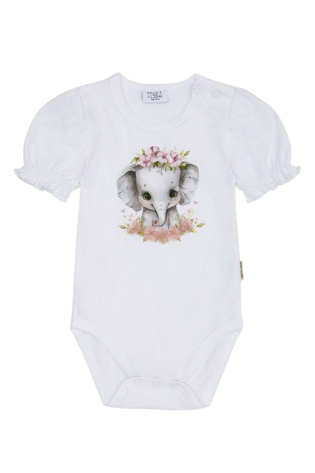 Hust & Claire Kurzarmbody Britt (1-tlg) Baby Body “Britt” – Weiß mit süßem Elefantenmotiv