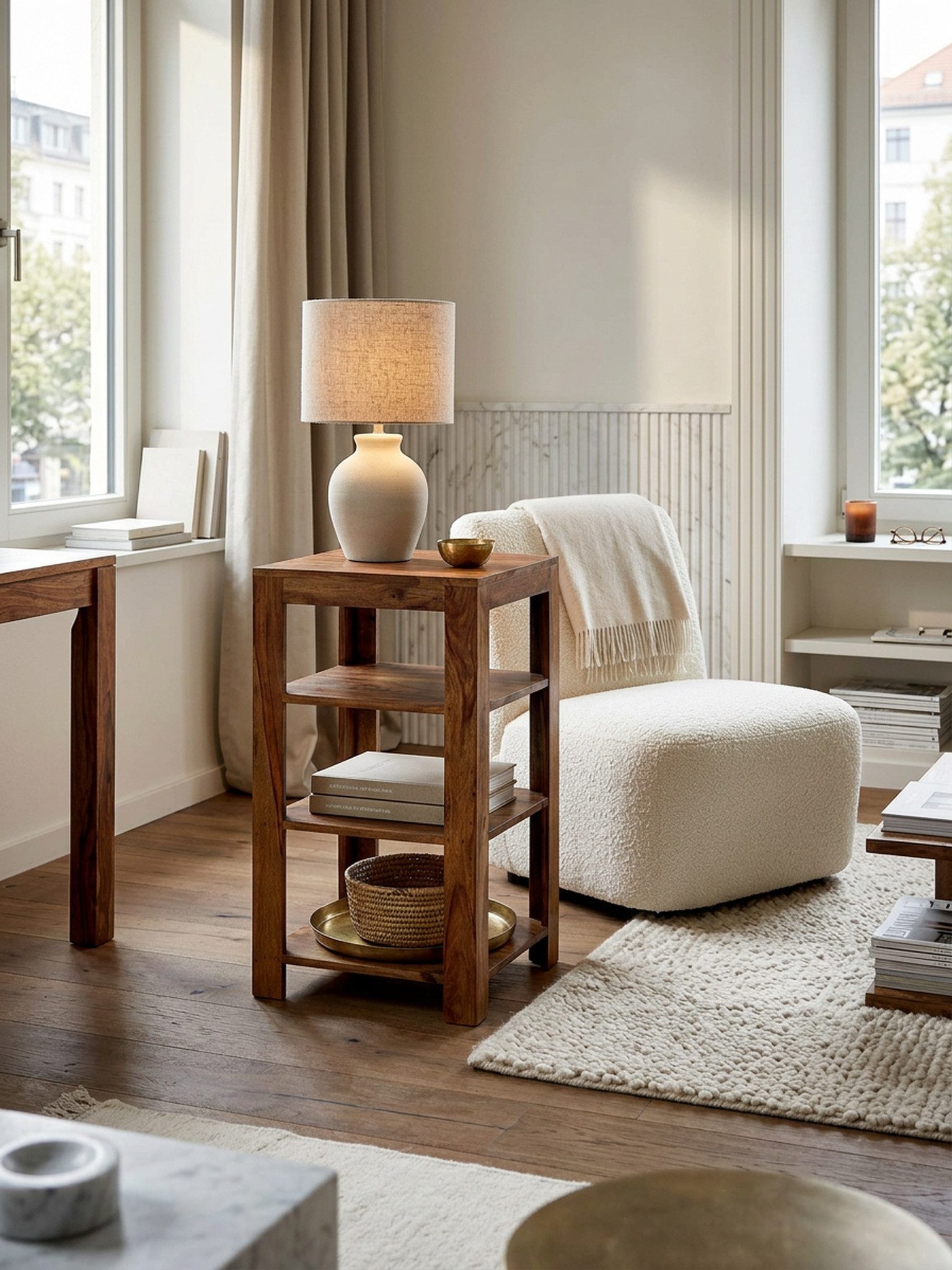 KADIMA DESIGN Standregal Standregal MUMBAI Massiv-Holz 80 cm Wohnzimmer-Regal mit 3 Böden, Ablagefächer Design Landhaus-Stil Beistelltisch