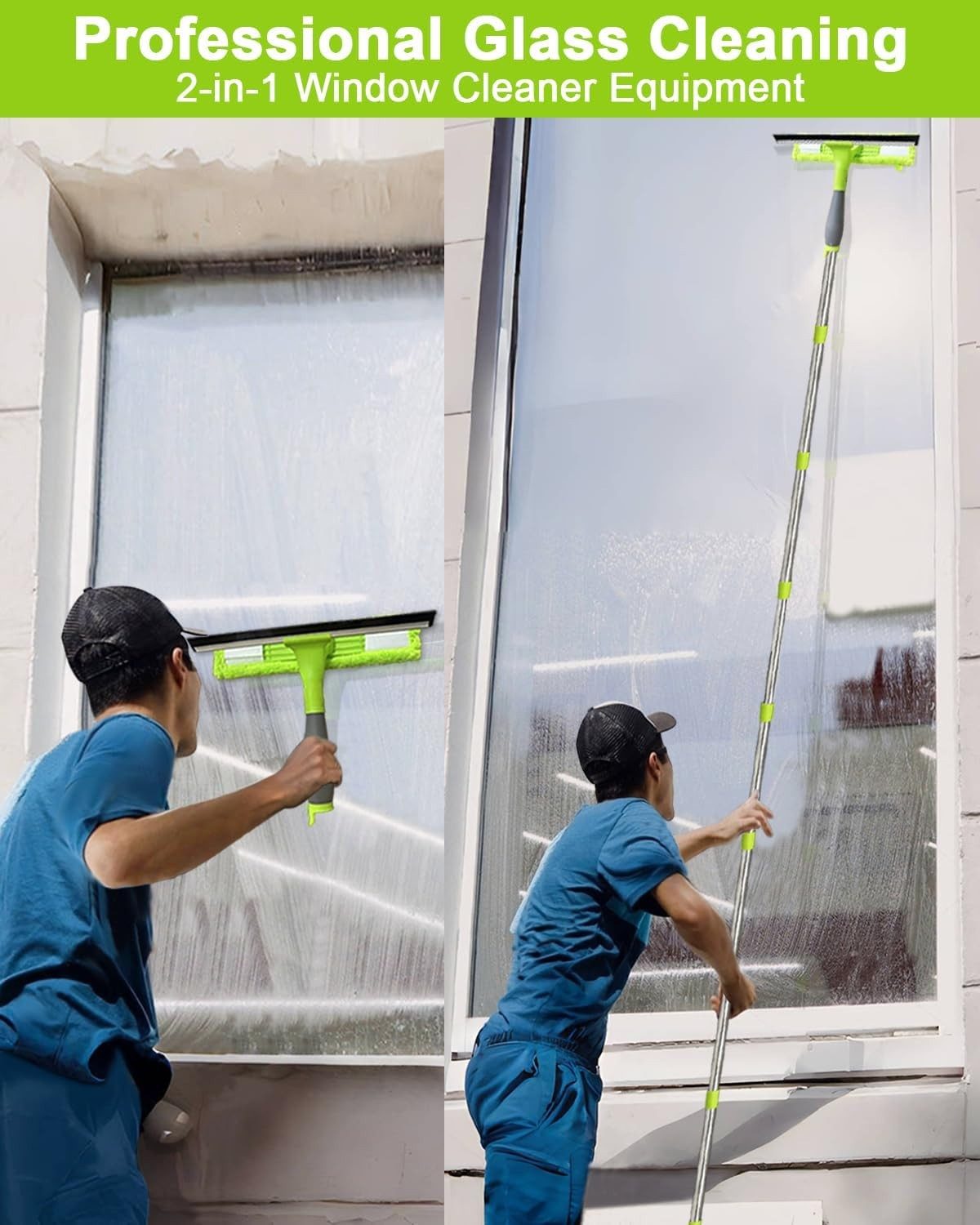 ibettertec Fensterreiniger Fensterreiniger 2in1 Fensterputzer mit Teleskopstange Fensterabzieher, Fensterreinigungsset mit 2 Wischmopps für Bad, Fenster, Glas