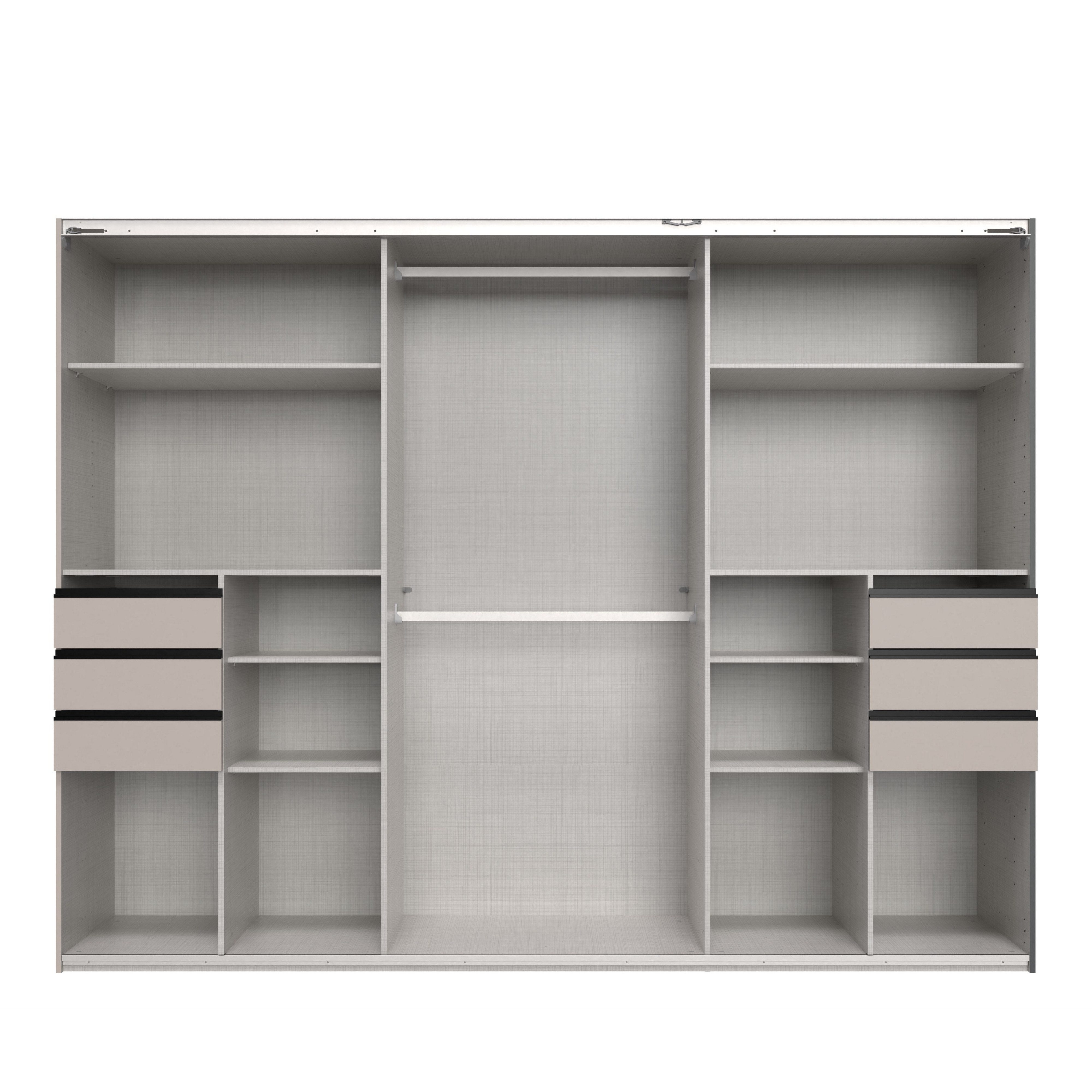 luma-home Schwebetürenschrank 22618 (B273/H213/T64 cm Kleiderschrank mit Passepartout, Vollausstattung, schwarze Griffleisten) in Eiche Dekor mit 6 sichtbaren Schubladen und Mitteltür Spiegelfront