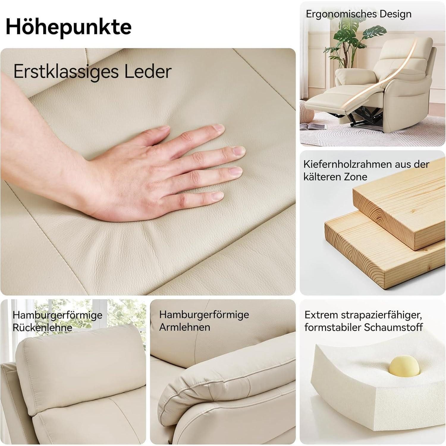 LuxusKollektion TV-Sessel Relaxsessel Echtleder Liegefunktion Fernsehsessel Beige – Bild 3 von 5