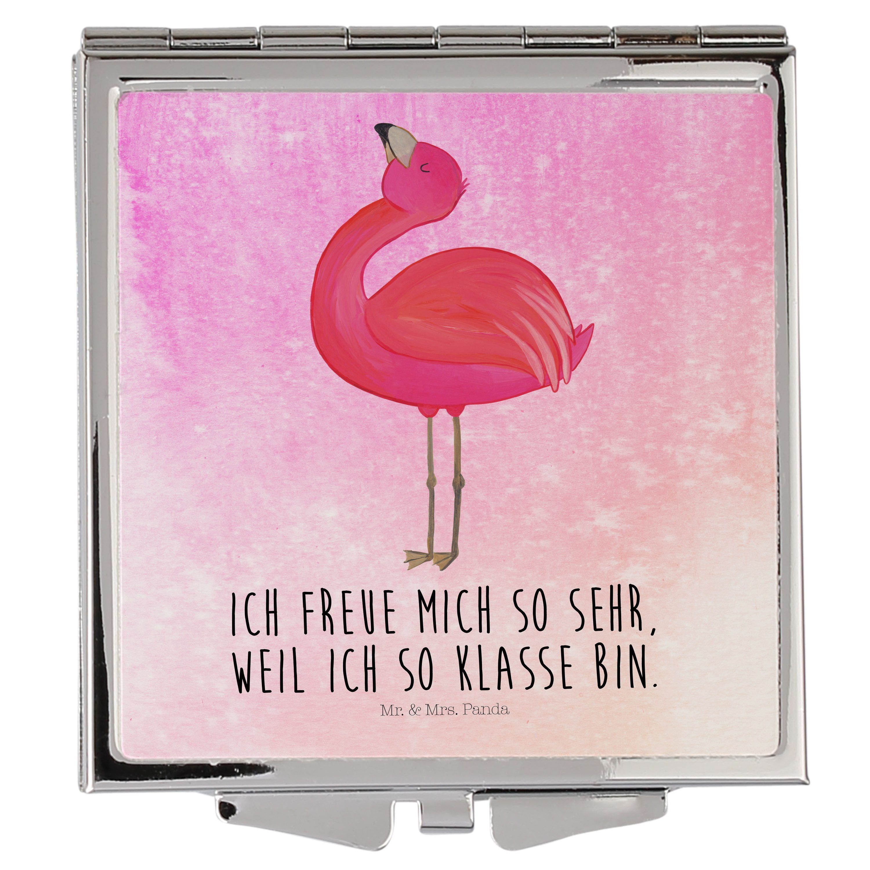 Mr. & Mrs. Panda Kosmetikspiegel Flamingo stolz - Aquarell Pink - Geschenk, Selbstliebe, silber, Spieg (1-St)