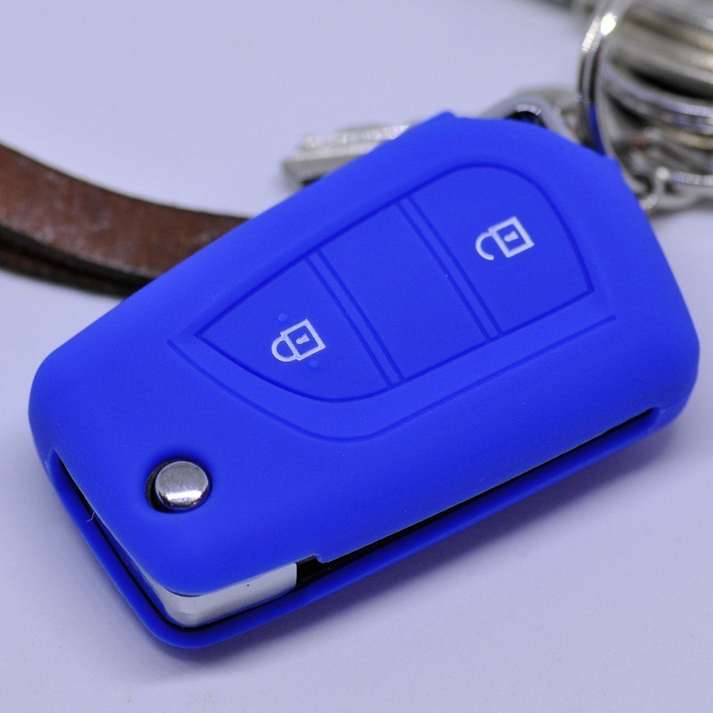 mt-key Schlüsseltasche Autoschlüssel Softcase Silikon Peugeot 108 Aygo C1 Tasten Citroen Klappschlüssel Blau, 2 für Toyota Schutzhülle