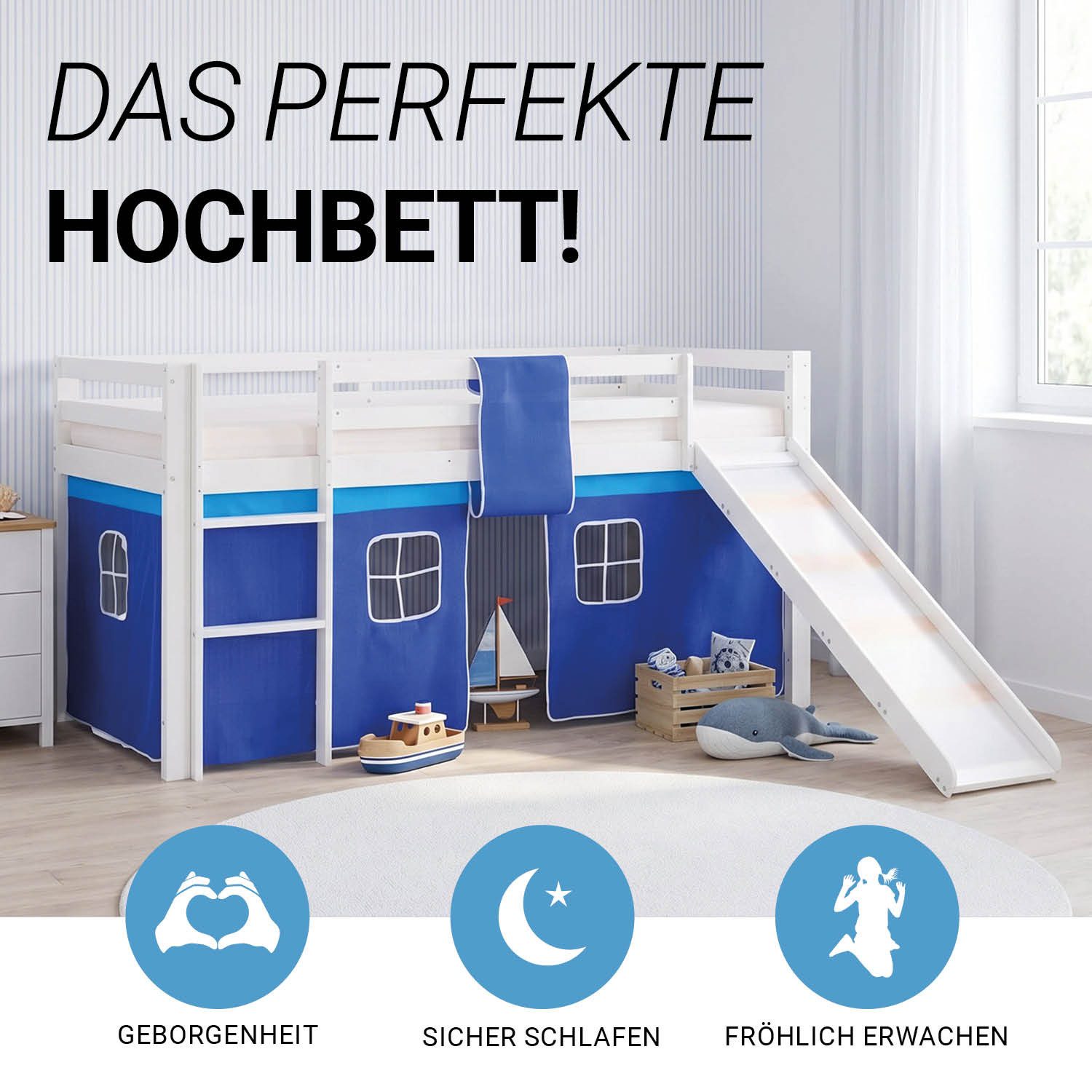 Homestyle4u Hochbett Kinderbett 90x200 Spielbett Jungen Weiß Blau Rutsche Vorhang (Set, mit Rutsche, Junge, Spielbett) mit Rausfallschutz, Blau, Junge